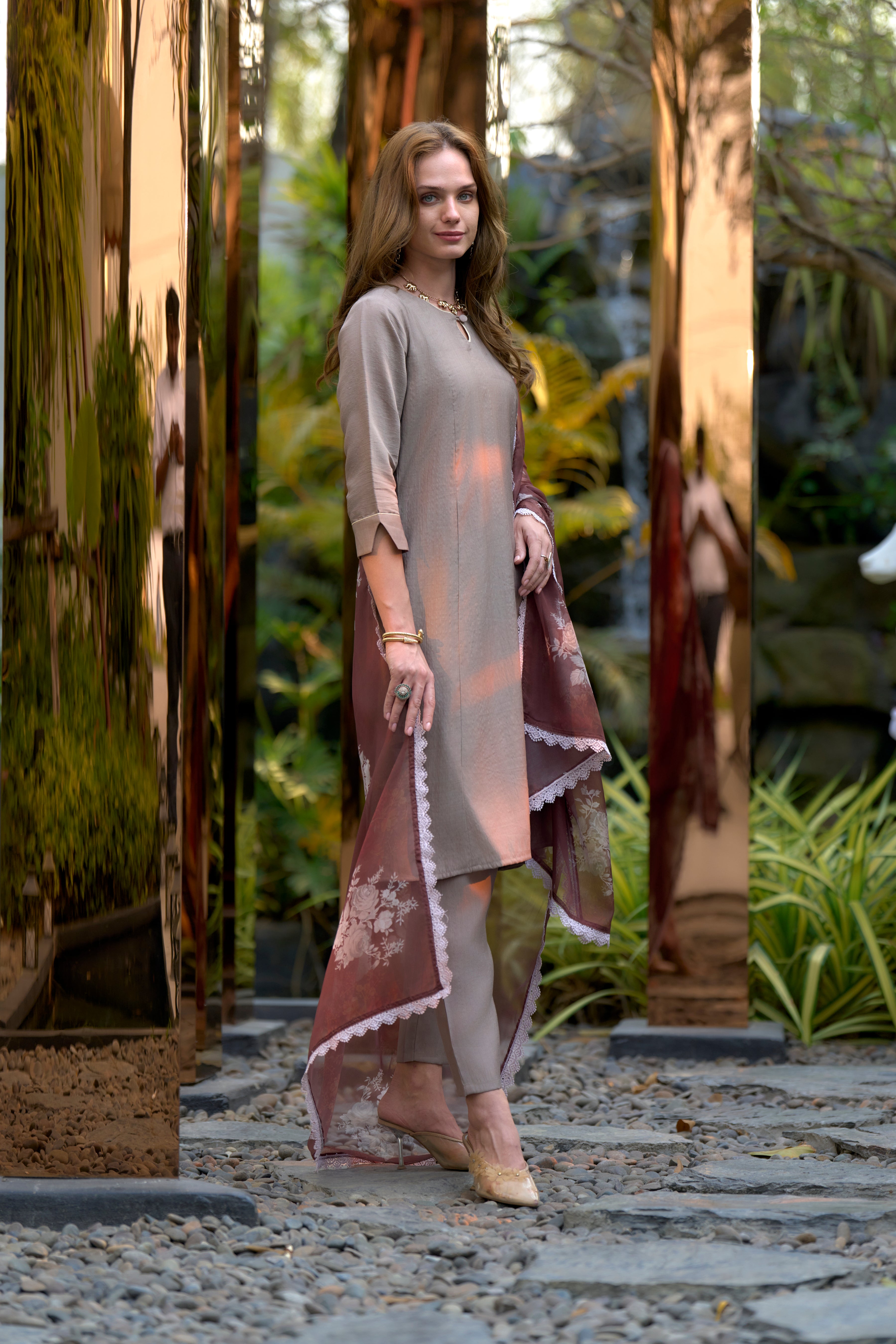Her Couture Women's Grey Vatican Silk Solid Straight Kurta With Pant & Printed Dupatta