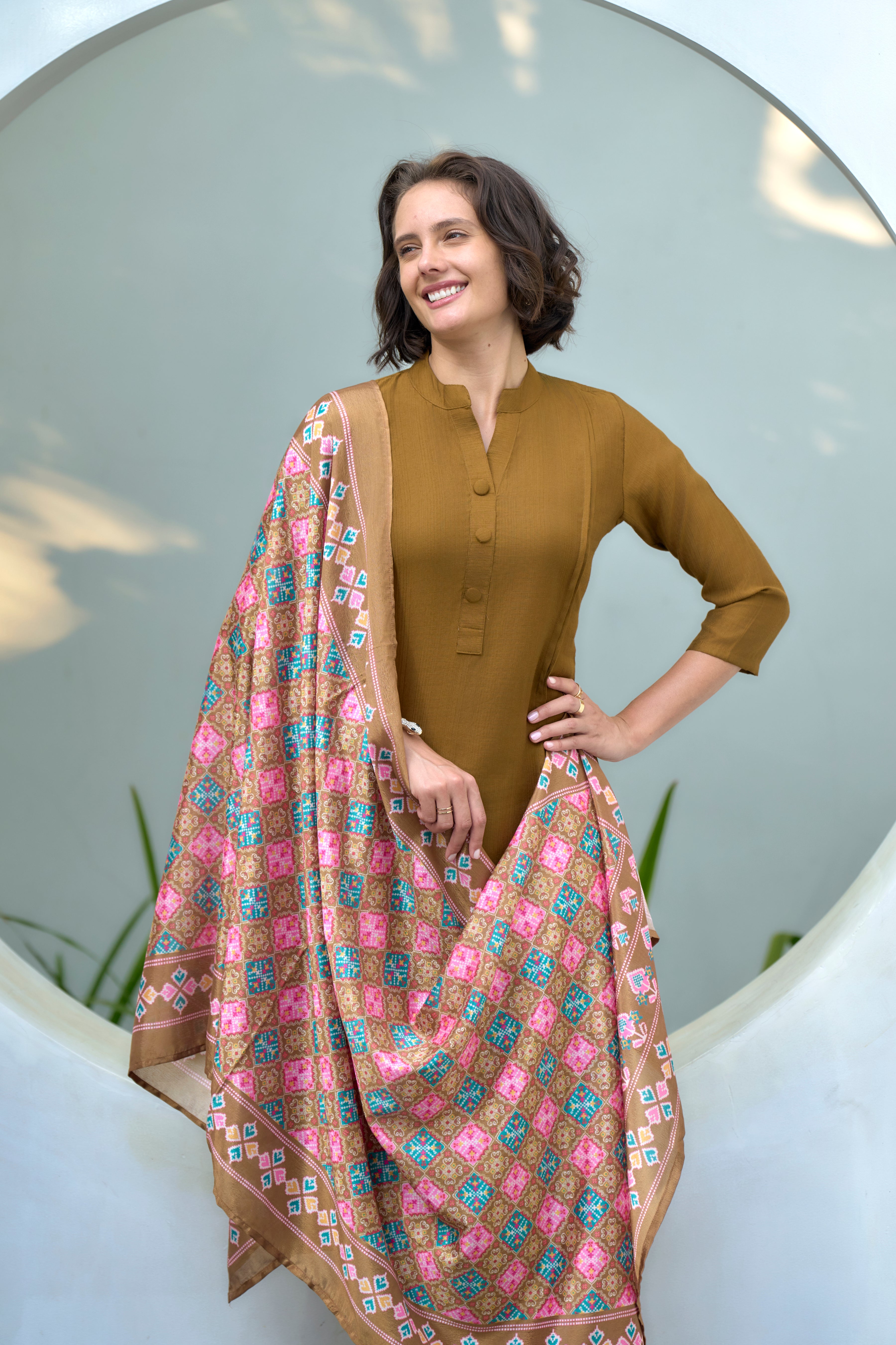Her Couture Women's Khaki Vatican Silk Solid Straight Kurta With Pant & Printed Dupatta