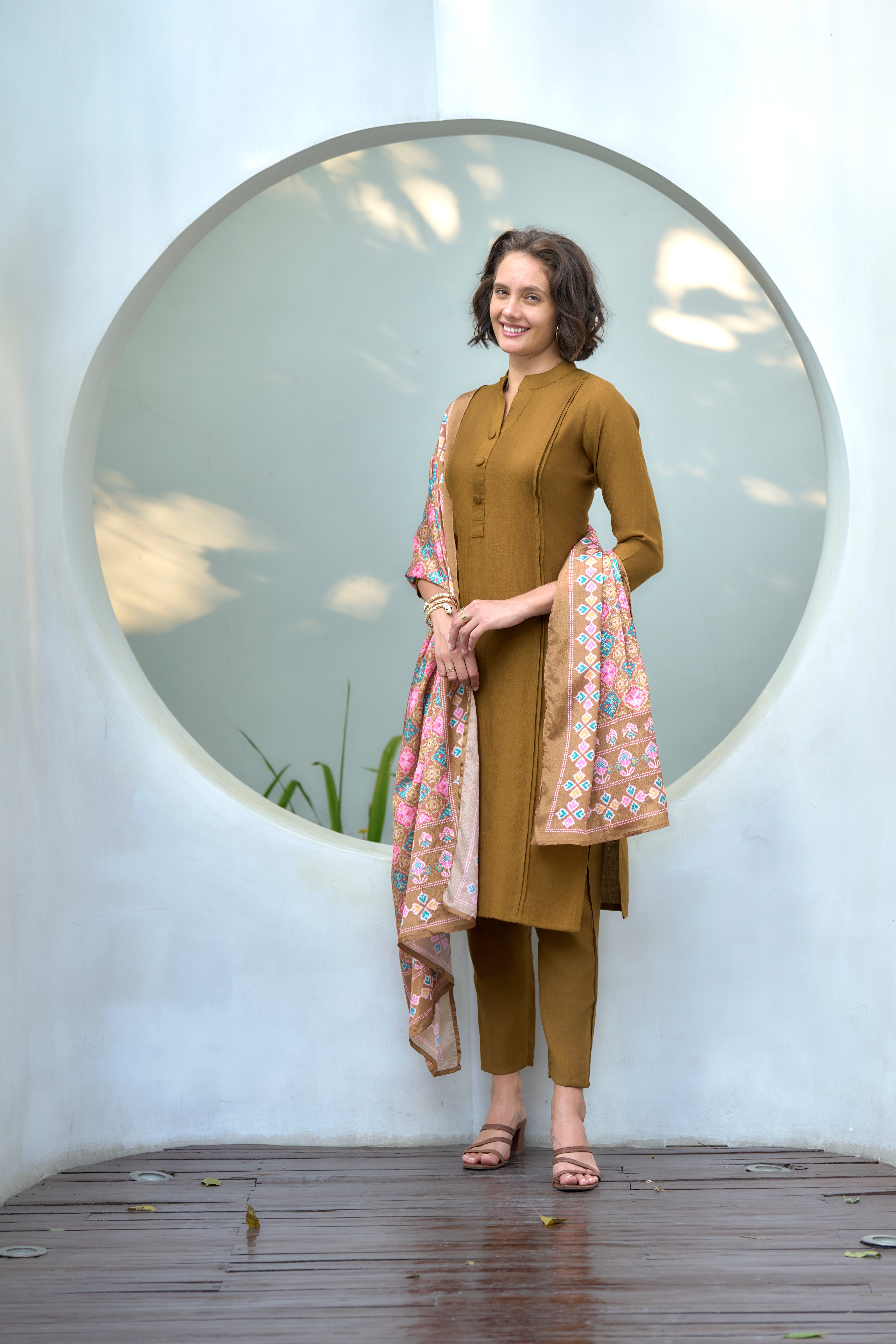 Her Couture Women's Khaki Vatican Silk Solid Straight Kurta With Pant & Printed Dupatta