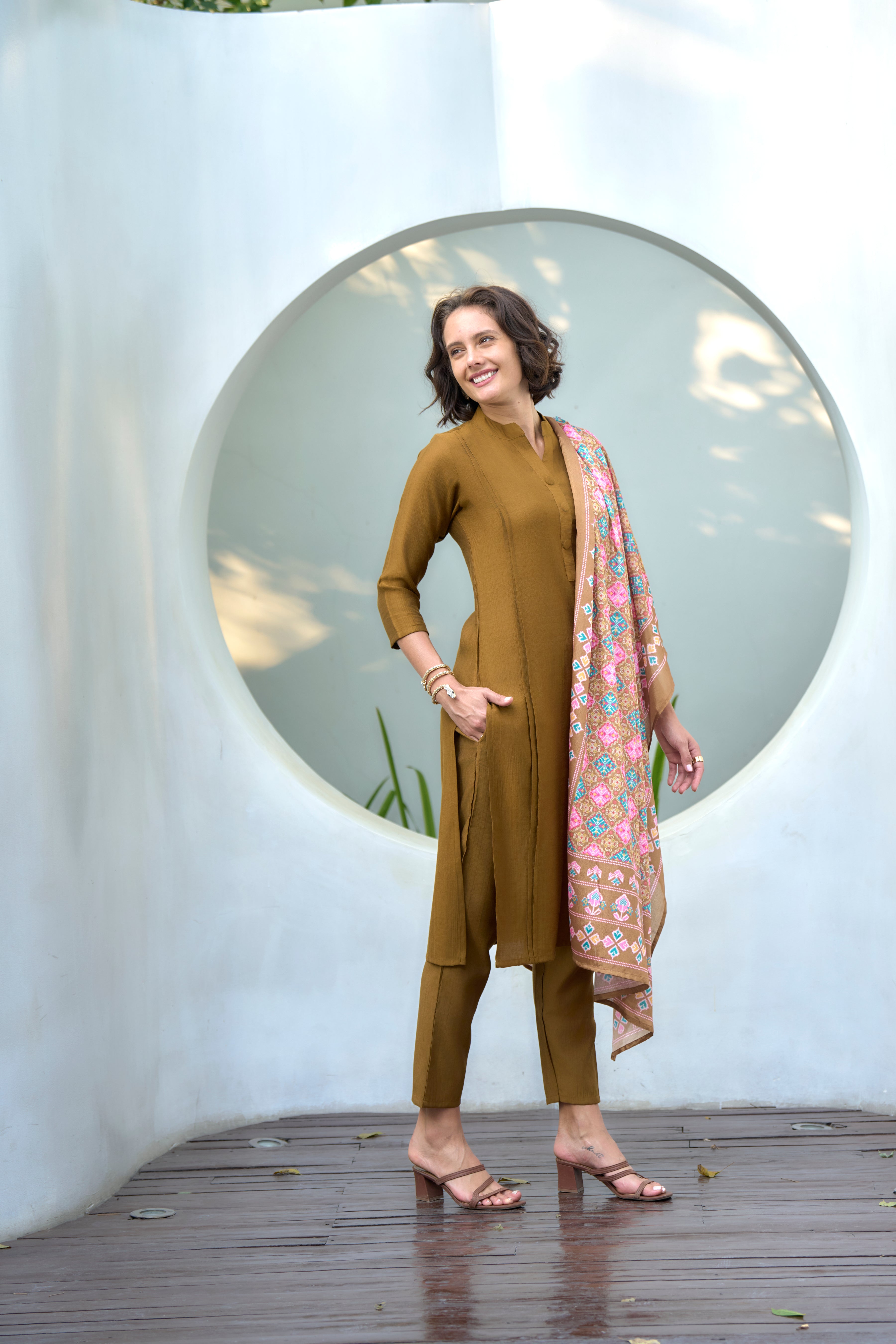 Her Couture Women's Khaki Vatican Silk Solid Straight Kurta With Pant & Printed Dupatta