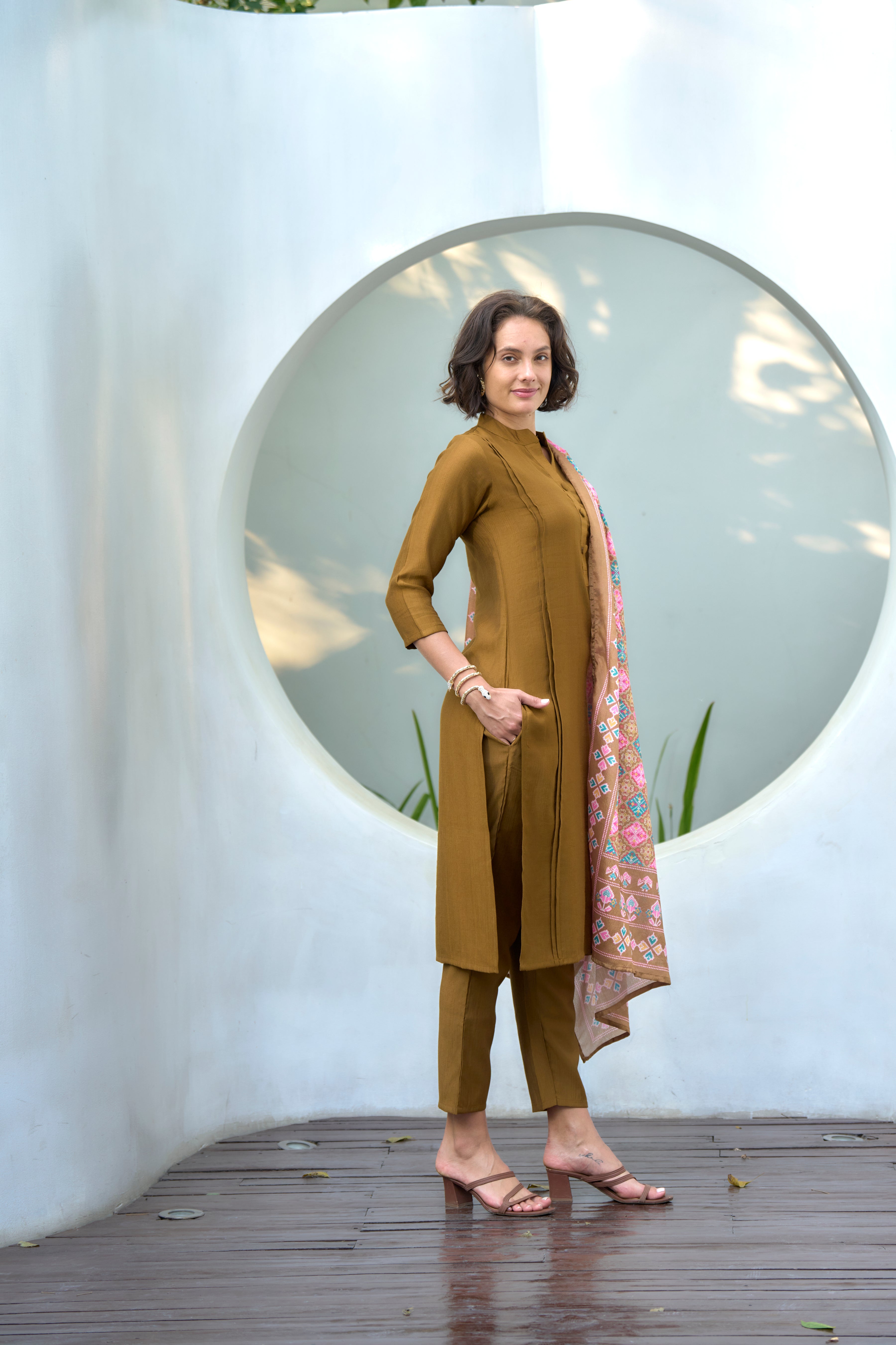 Her Couture Women's Khaki Vatican Silk Solid Straight Kurta With Pant & Printed Dupatta