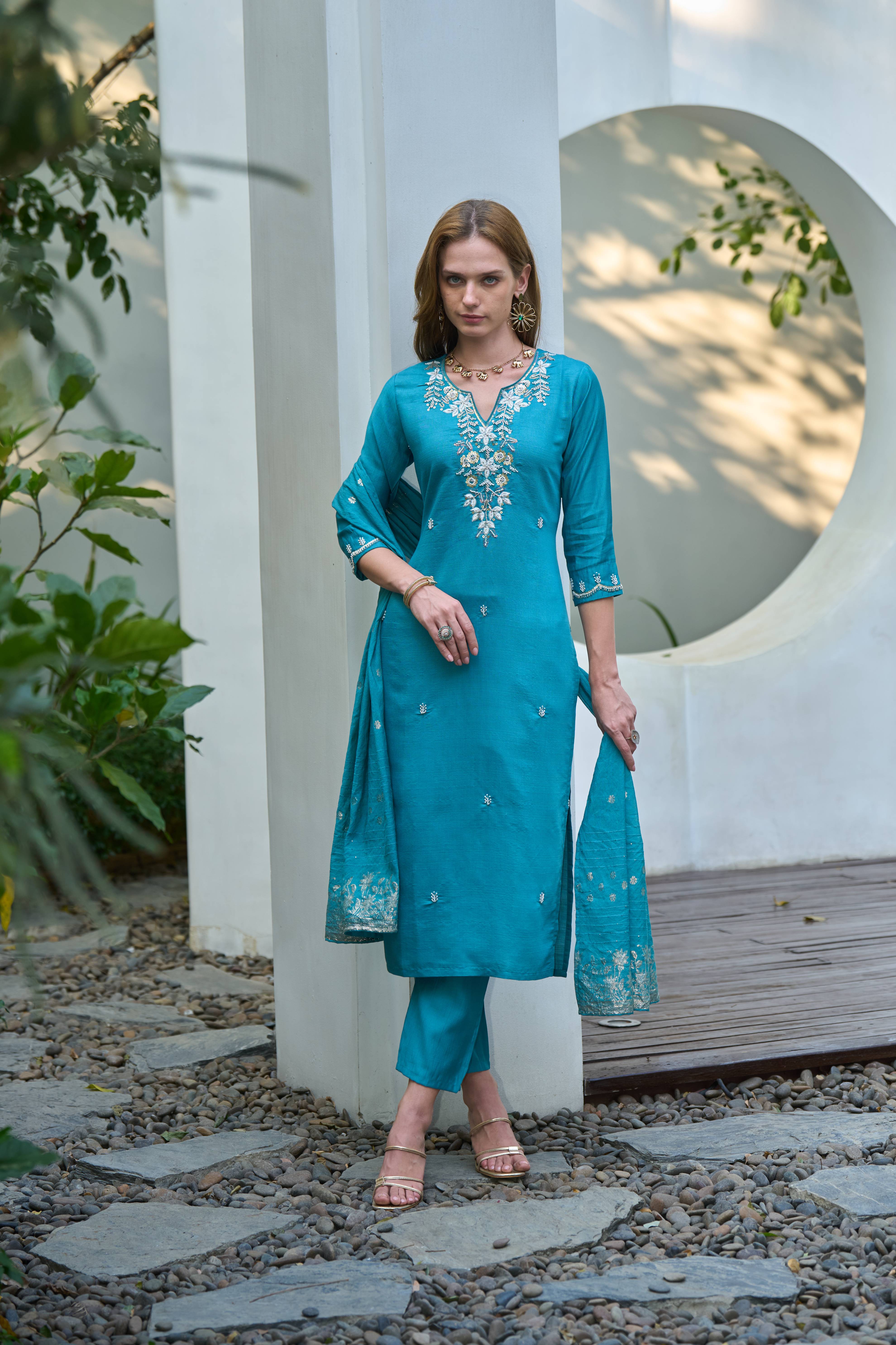 Her Couture Women's Sky Blue Vatican Silk Embroidered Straight Kurta With Pant & Printed Dupatta