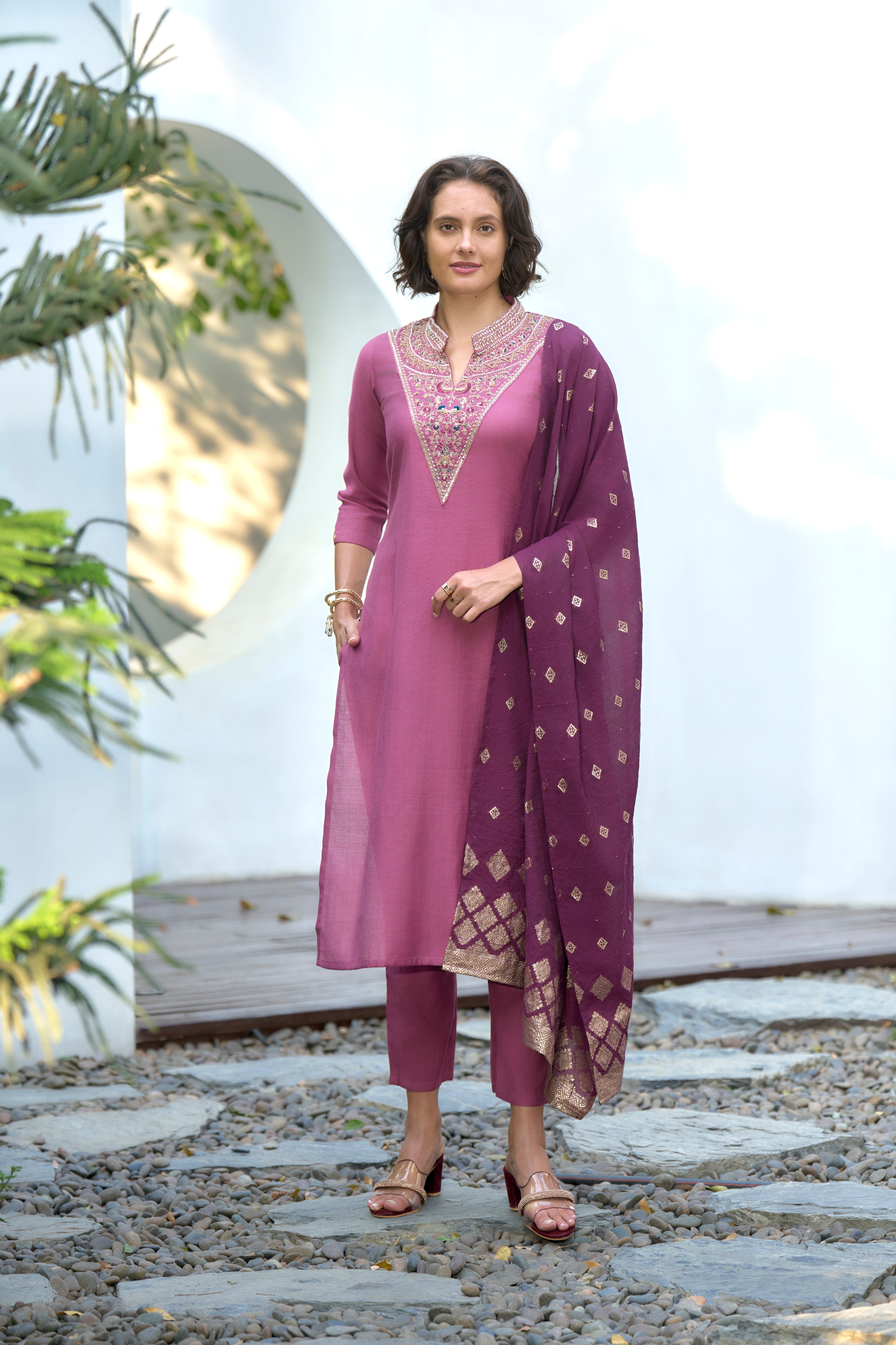 Pink Vatican Silk Straight Festive & Party Kurta Set by Her Couture