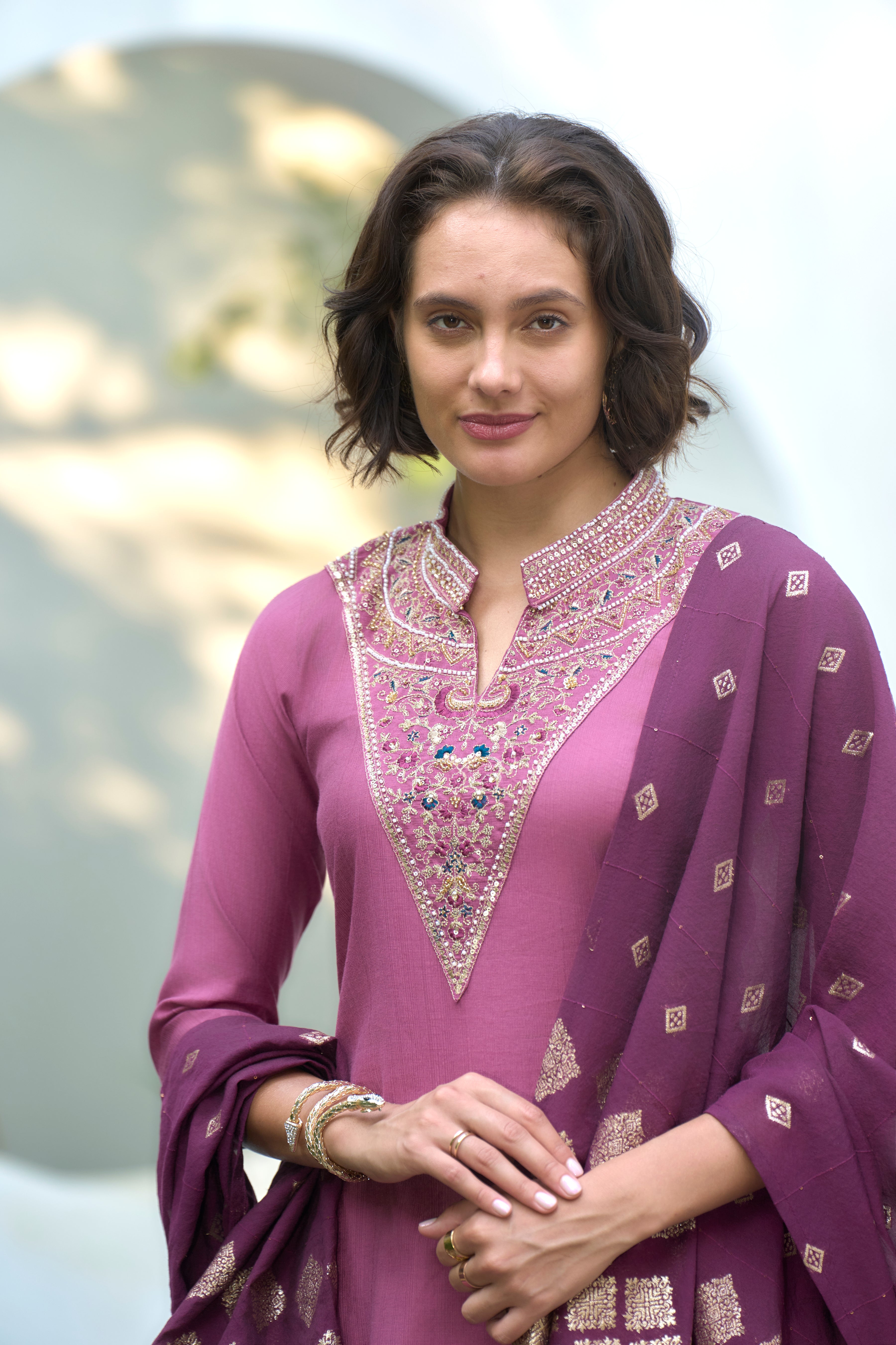 Her Couture Women's Pink Vatican Silk Embroidered Straight Kurta With Pant & Printed Dupatta