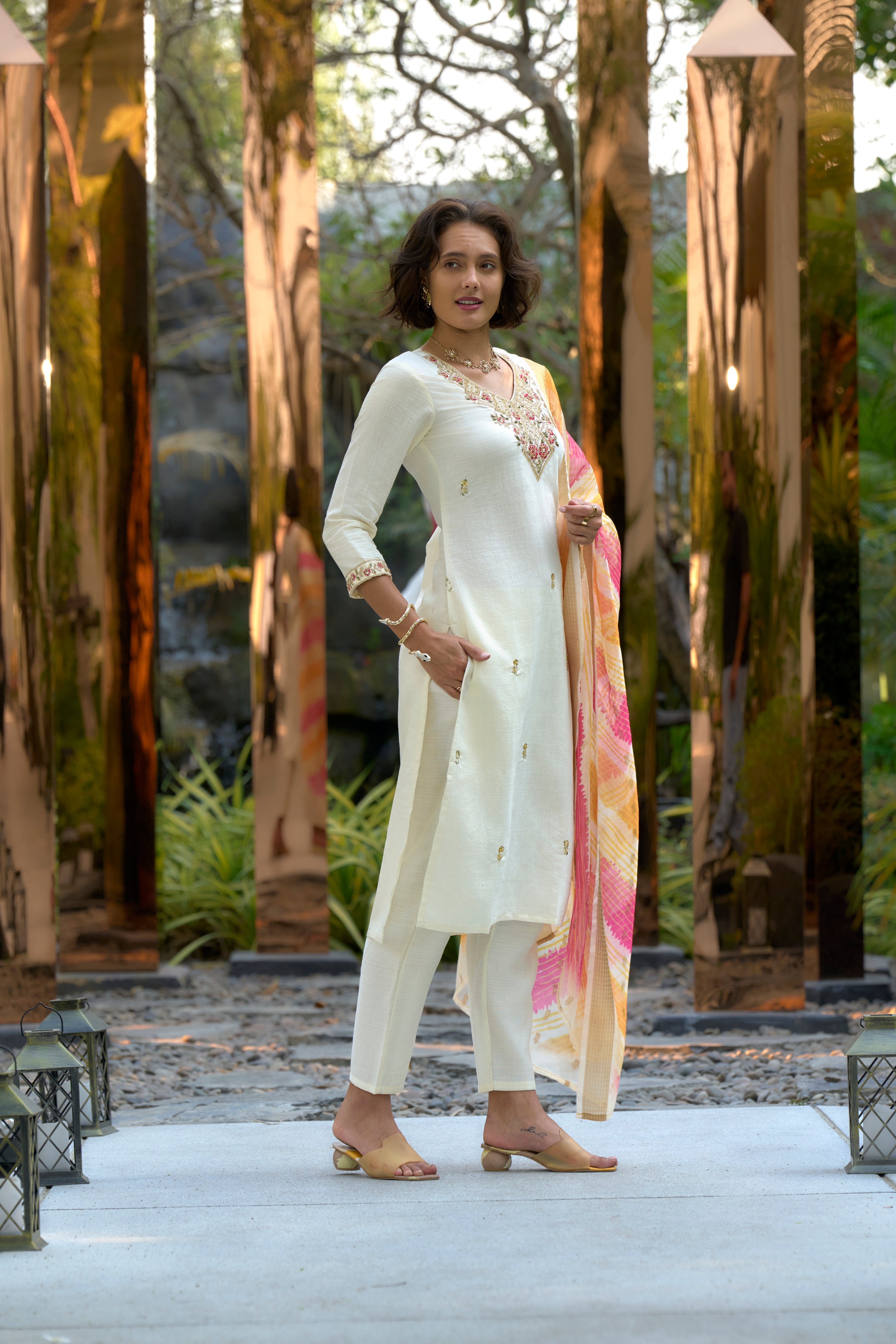 Her Couture Women's White Vatican Silk Embroidered Straight Kurta With Pant & Printed Dupatta