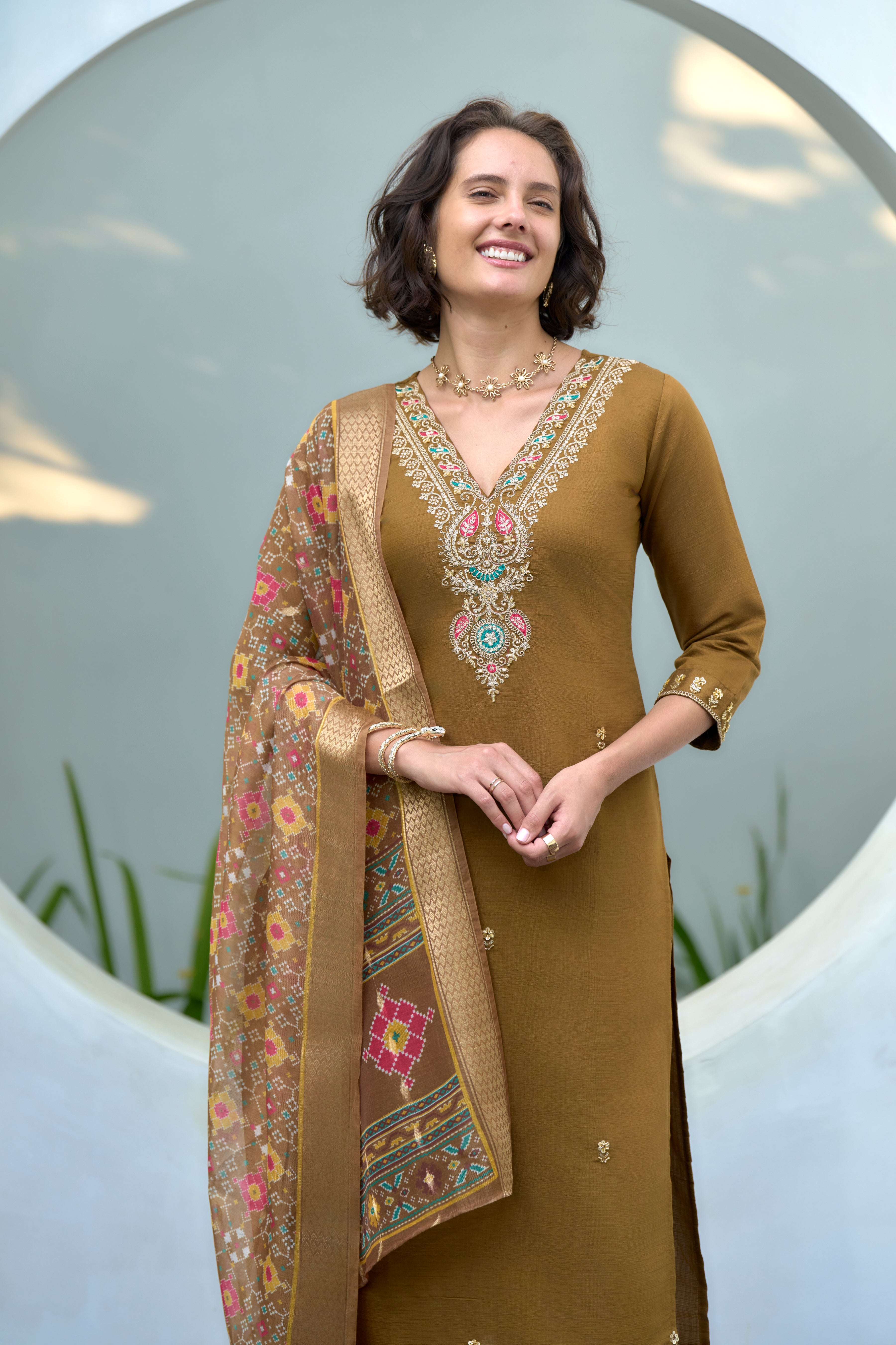 Her Couture Women's Brown Vatican Silk Embroidered Straight Kurta With Pant & Printed Dupatta