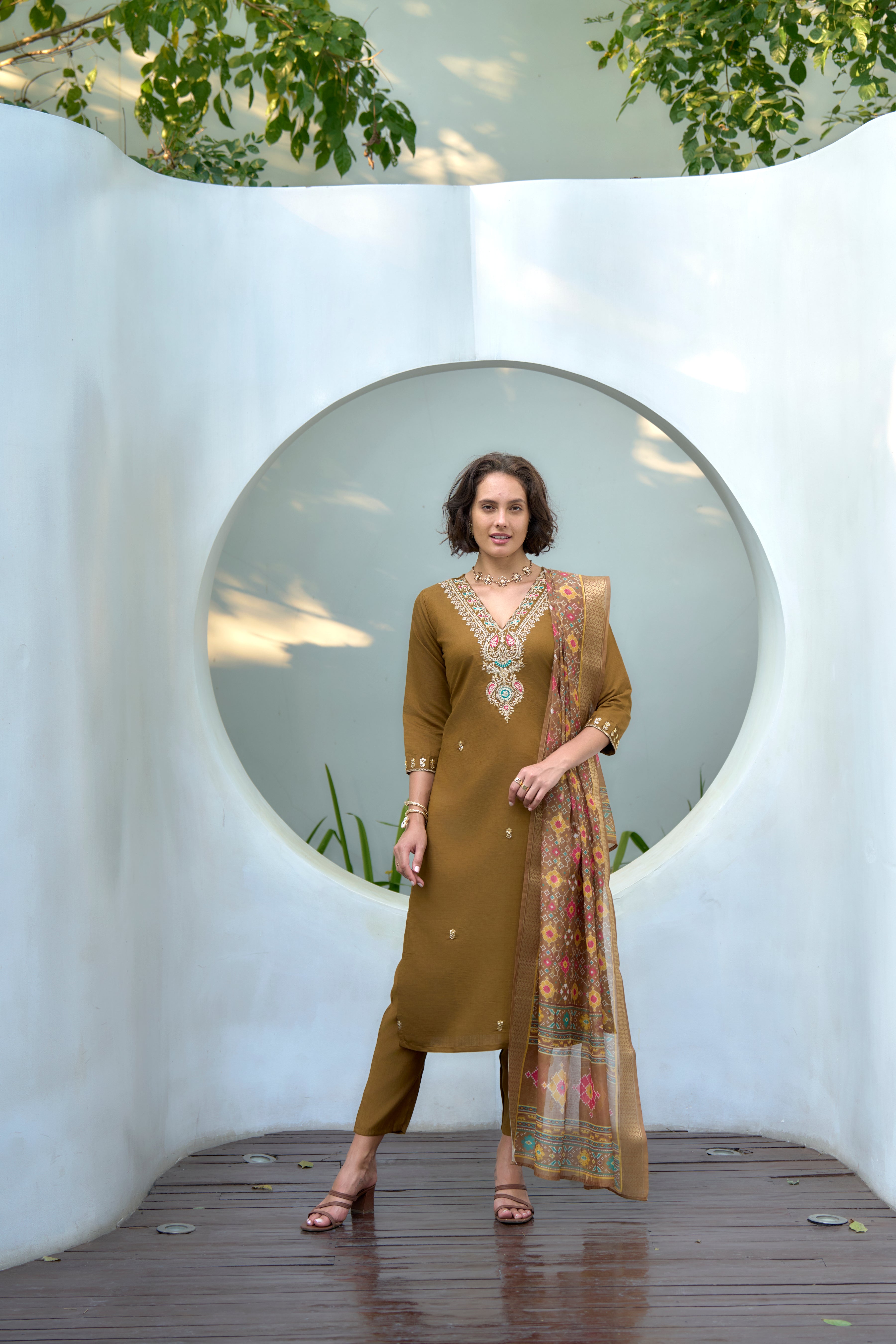 Her Couture Women's Brown Vatican Silk Embroidered Straight Kurta With Pant & Printed Dupatta