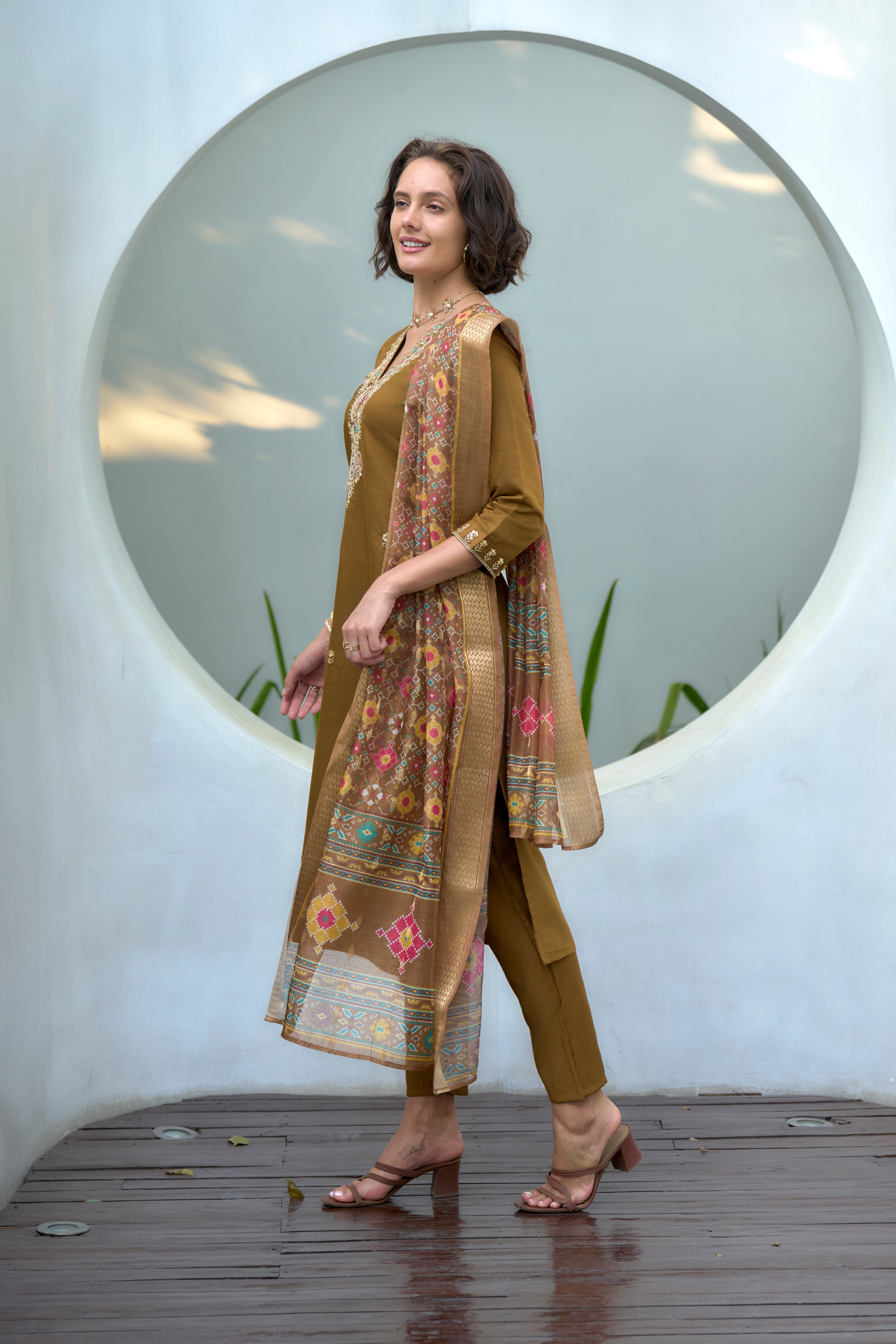 Her Couture Women's Brown Vatican Silk Embroidered Straight Kurta With Pant & Printed Dupatta