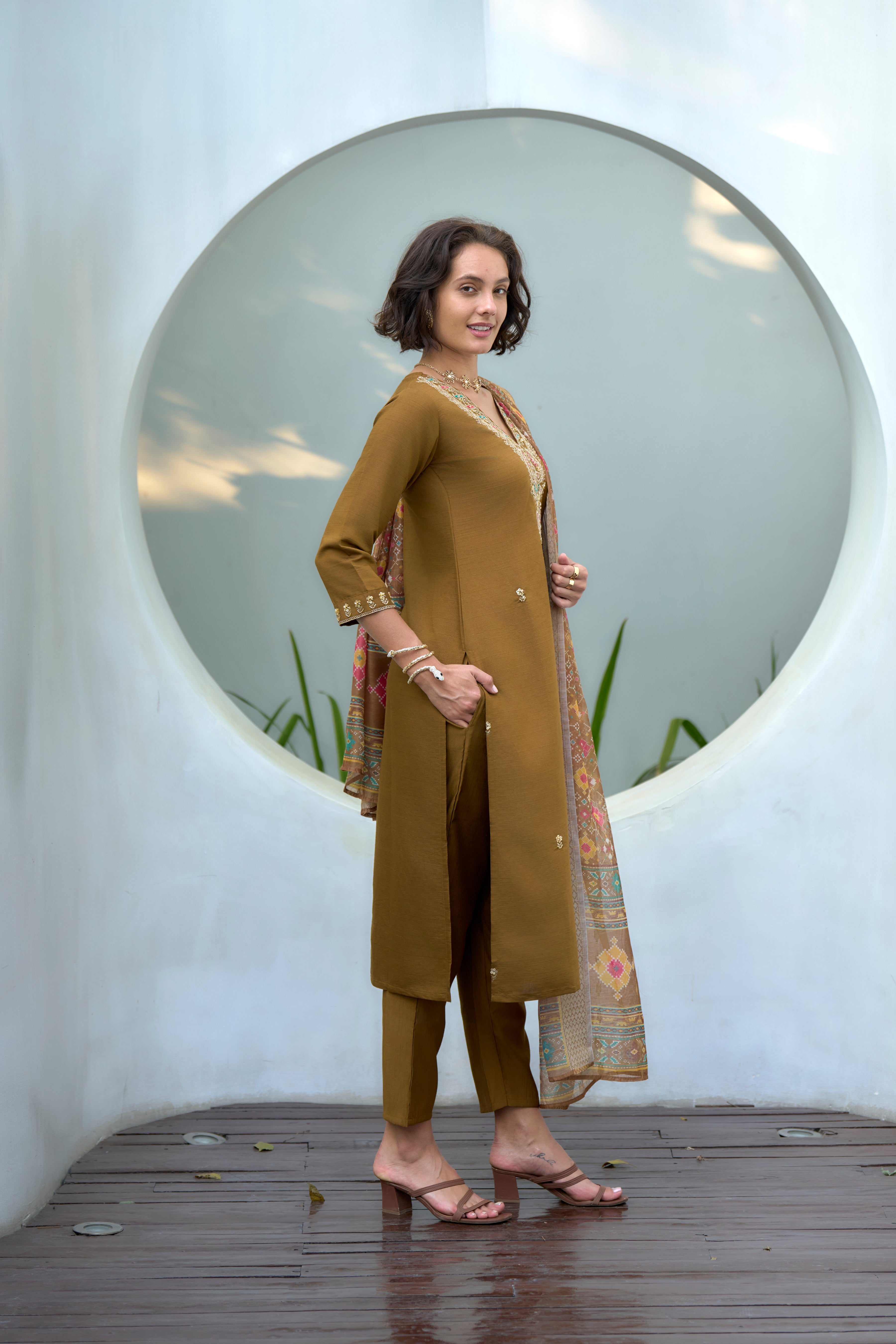 Her Couture Women's Brown Vatican Silk Embroidered Straight Kurta With Pant & Printed Dupatta