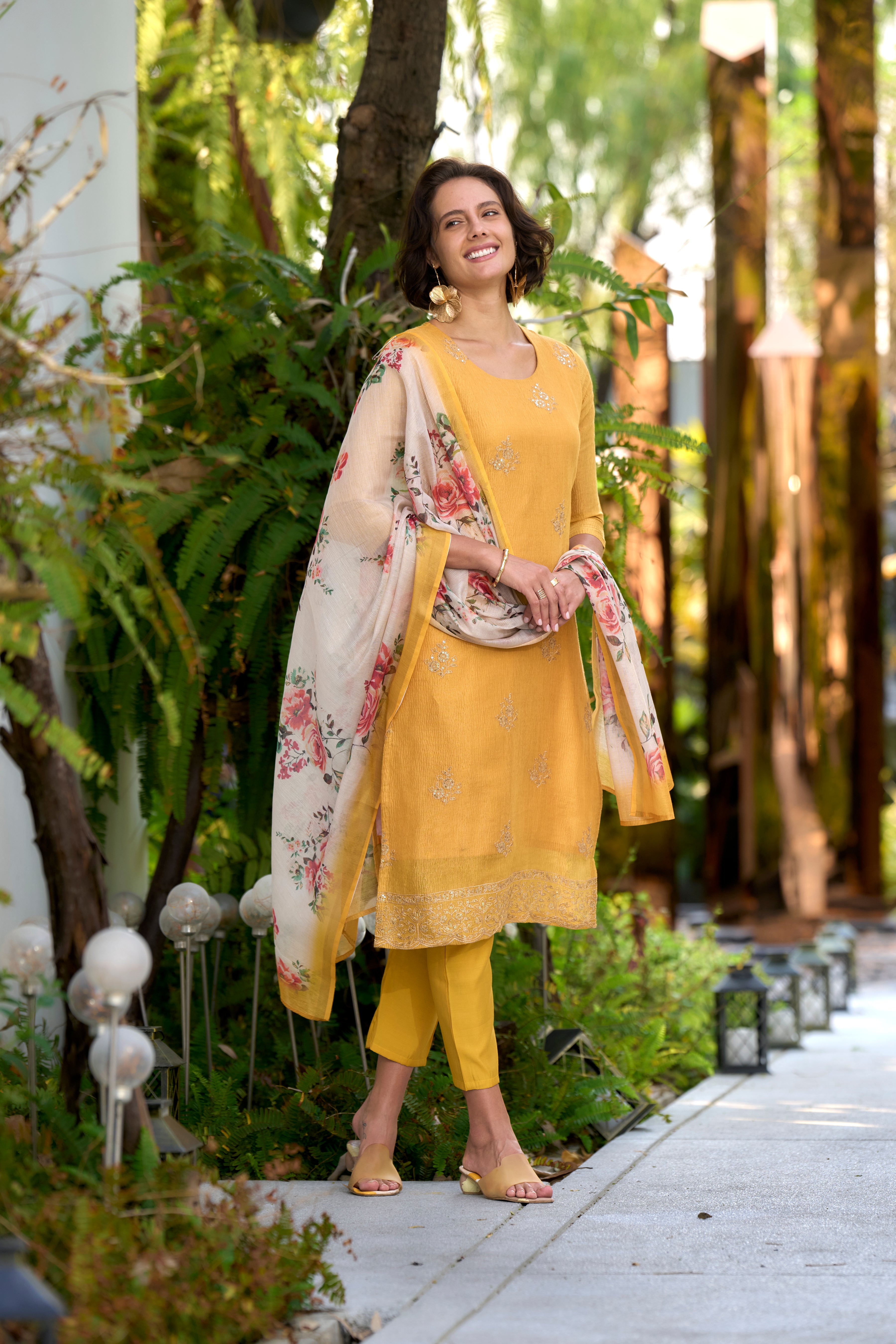 Her Couture Women's Yellow Tissue Silk Embroidered Straight Kurta With Pant & Printed Dupatta
