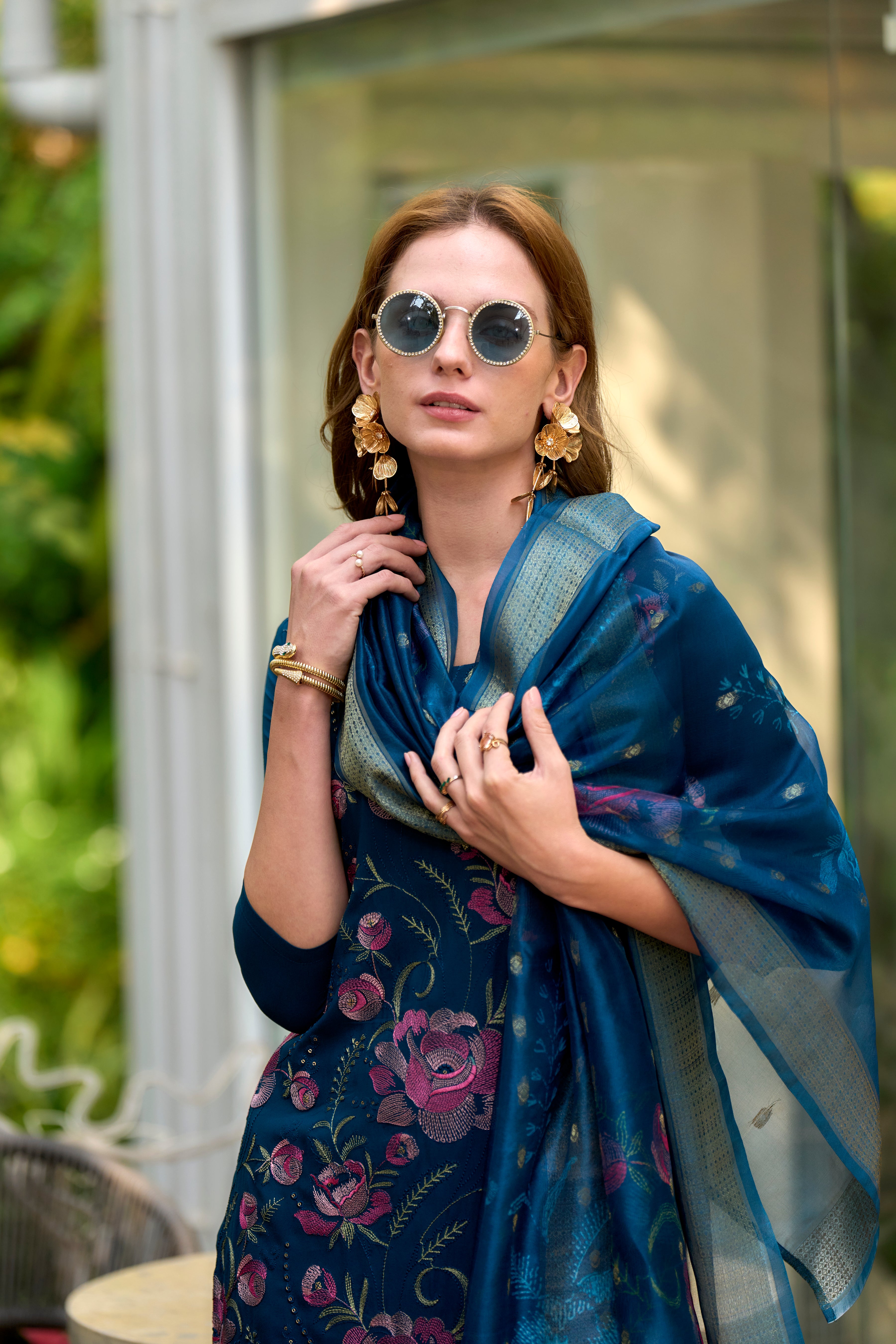 Her Couture Women's Blue Rayon Embroidered Straight Kurta With Pant & Printed Dupatta