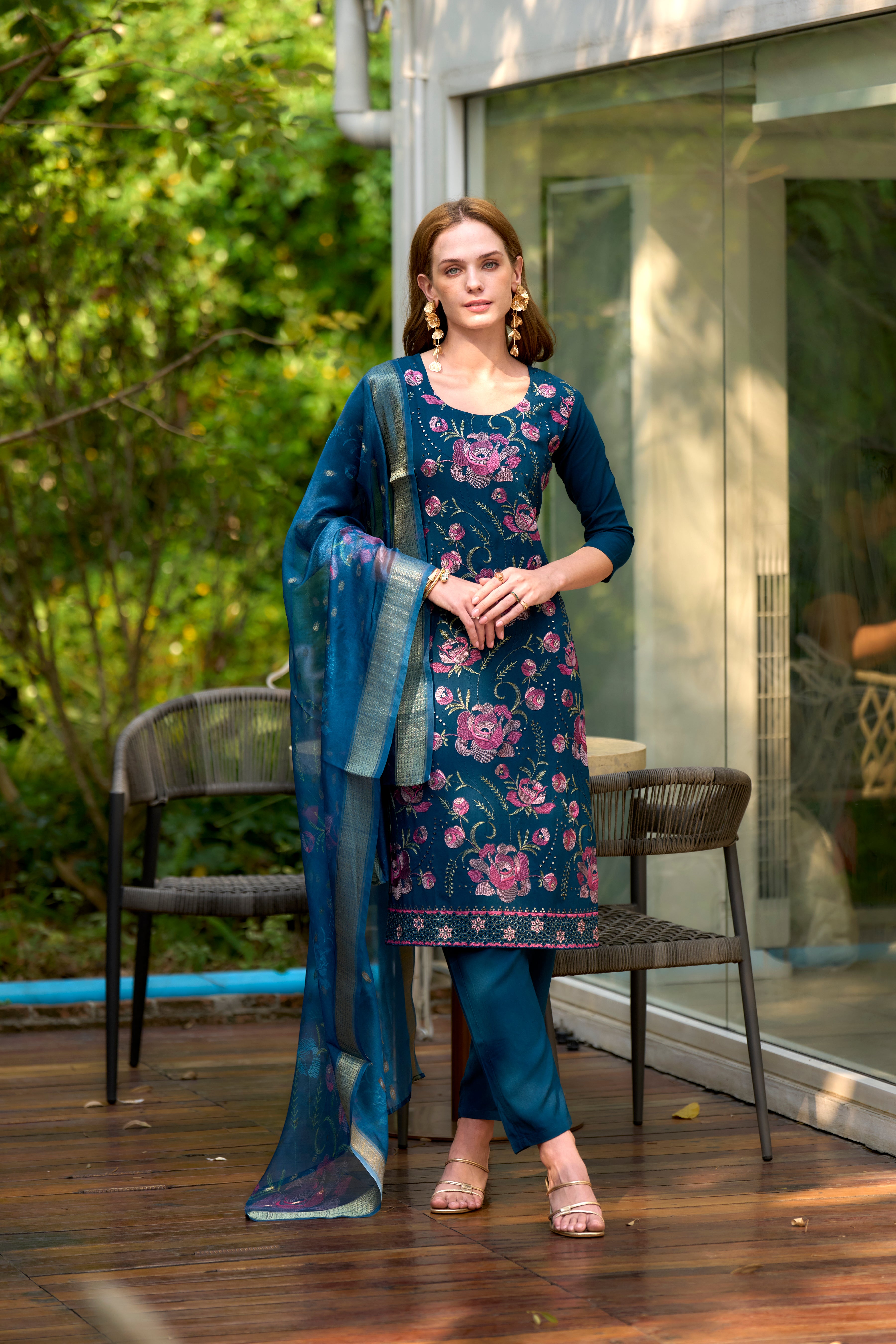 Her Couture Women's Blue Rayon Embroidered Straight Kurta With Pant & Printed Dupatta