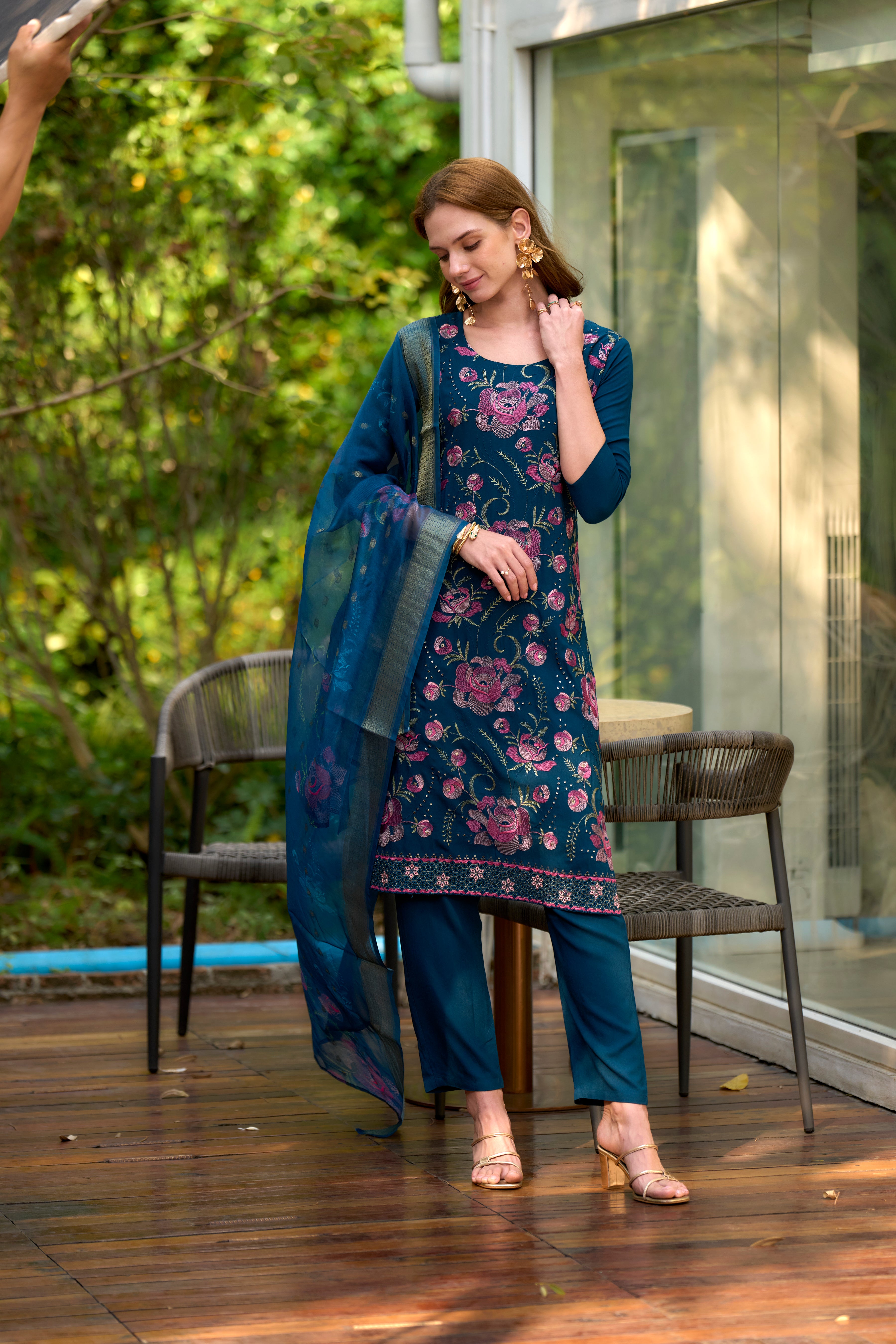 Her Couture Women's Blue Rayon Embroidered Straight Kurta With Pant & Printed Dupatta