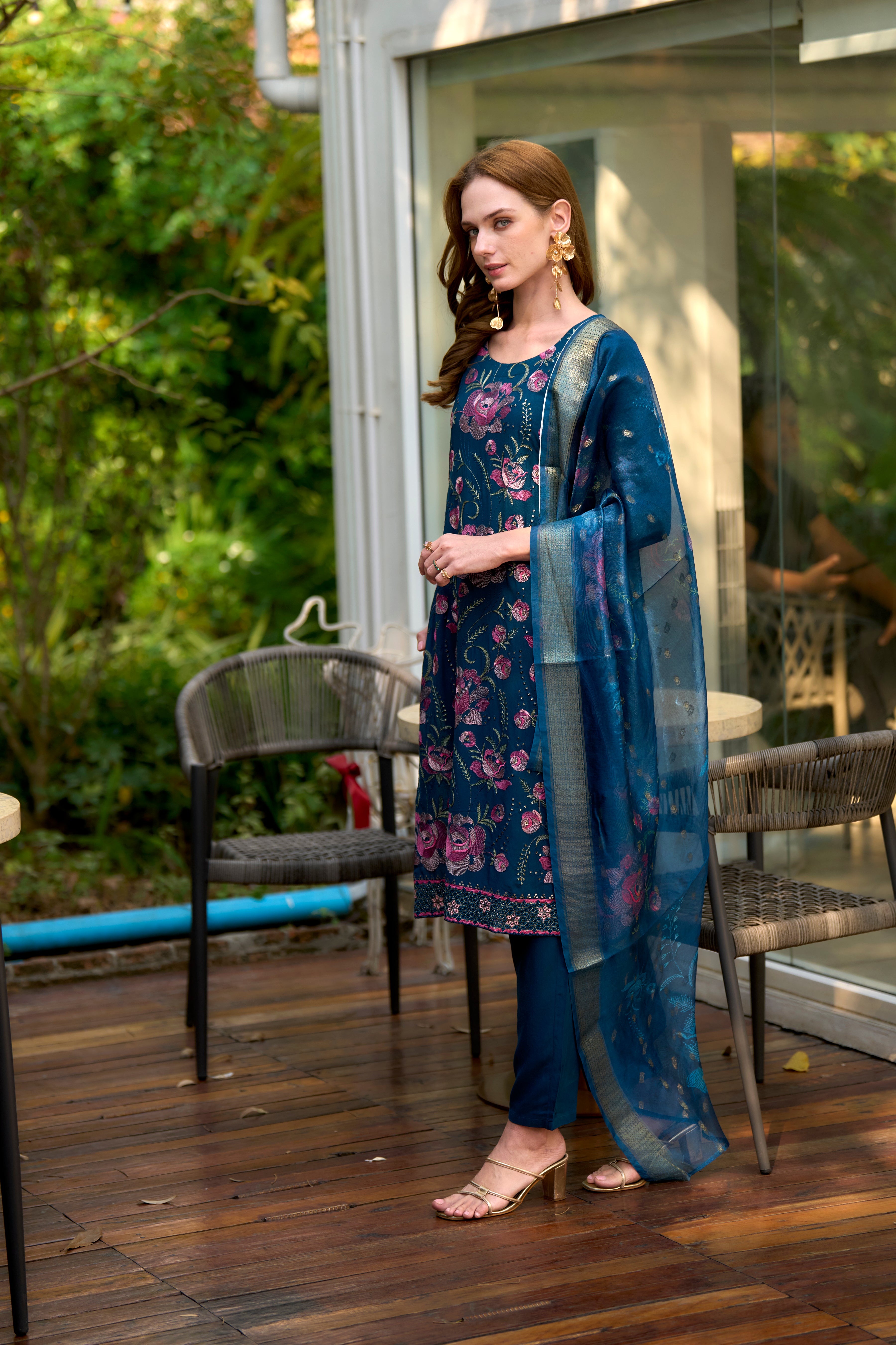 Her Couture Women's Blue Rayon Embroidered Straight Kurta With Pant & Printed Dupatta