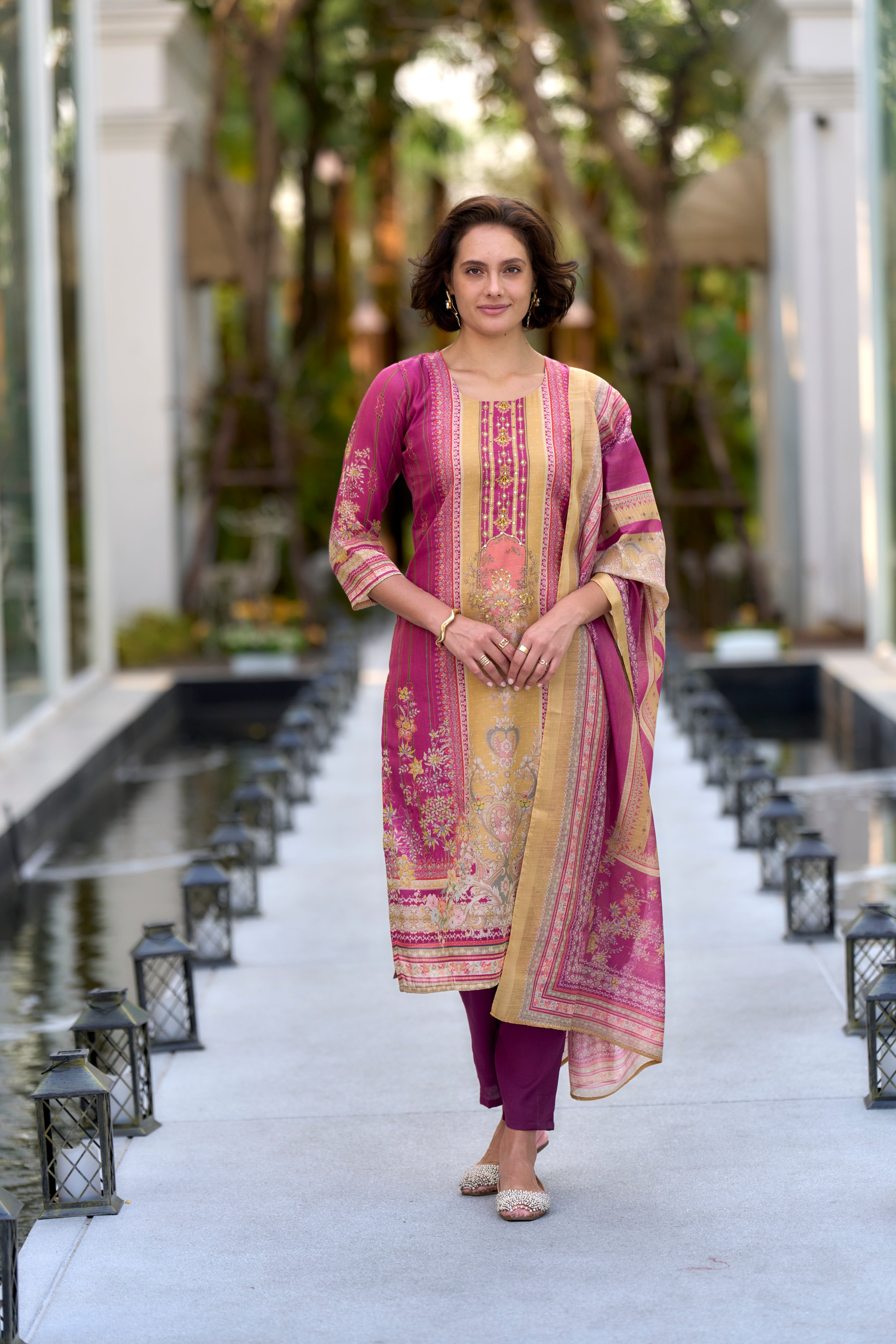 Her Couture Women's Pink Silk Blend Geometric Straight Kurta With Pant & Printed Dupatta