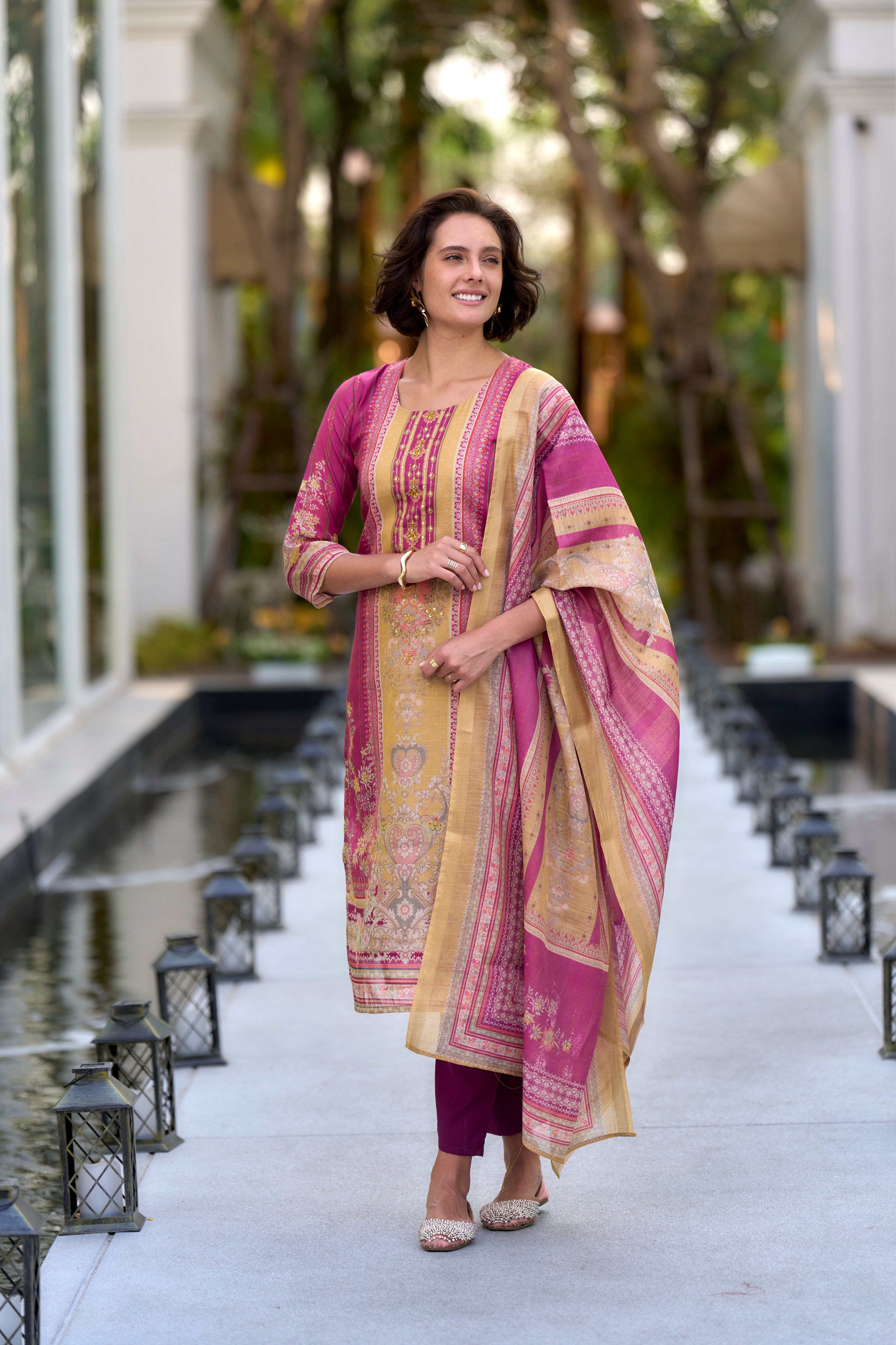 Her Couture Women's Pink Silk Blend Geometric Straight Kurta With Pant & Printed Dupatta