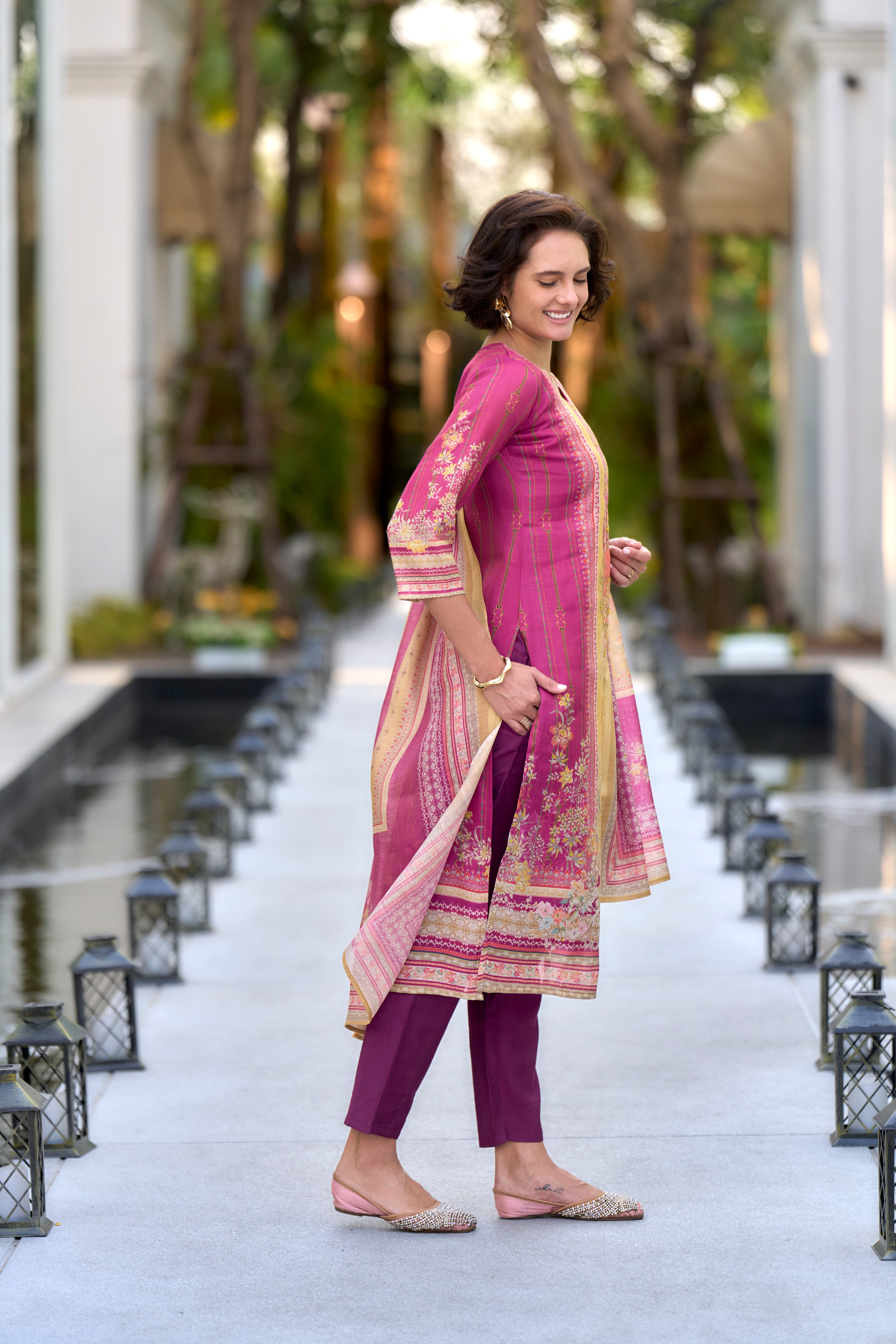 Her Couture Women's Pink Silk Blend Geometric Straight Kurta With Pant & Printed Dupatta