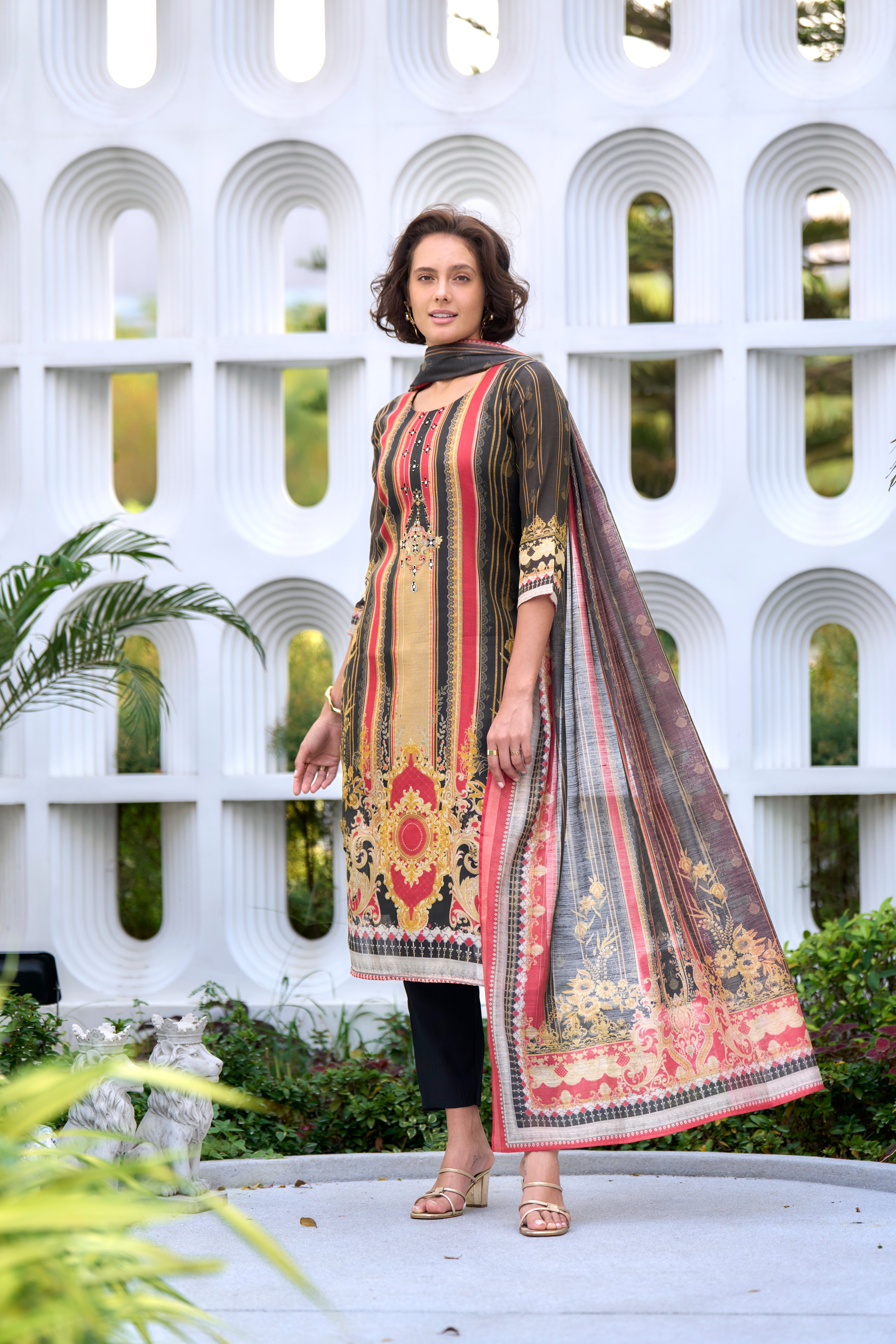 Her Couture Women's Black Silk Blend Geometric Straight Kurta With Pant & Printed Dupatta