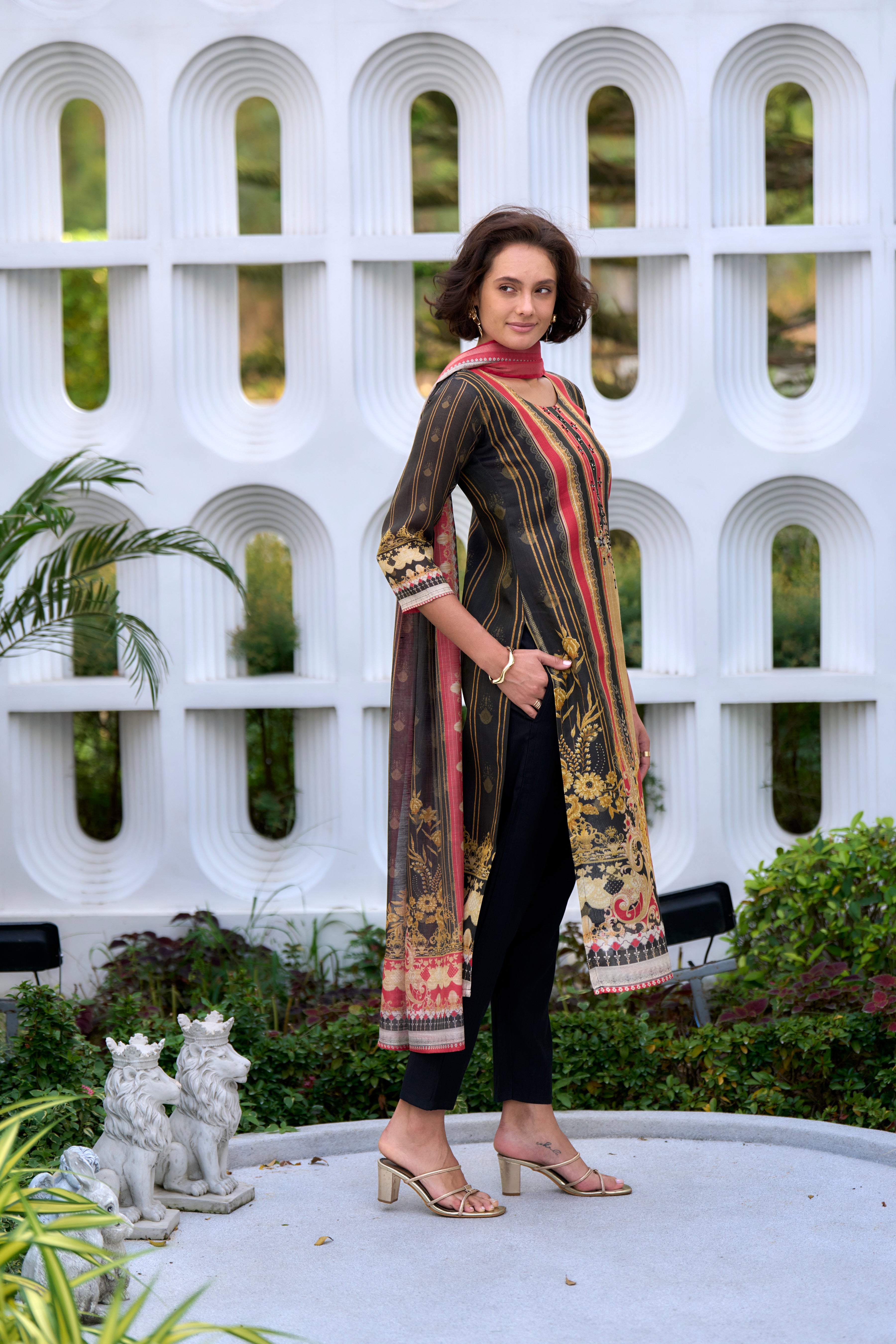 Her Couture Women's Black Silk Blend Geometric Straight Kurta With Pant & Printed Dupatta