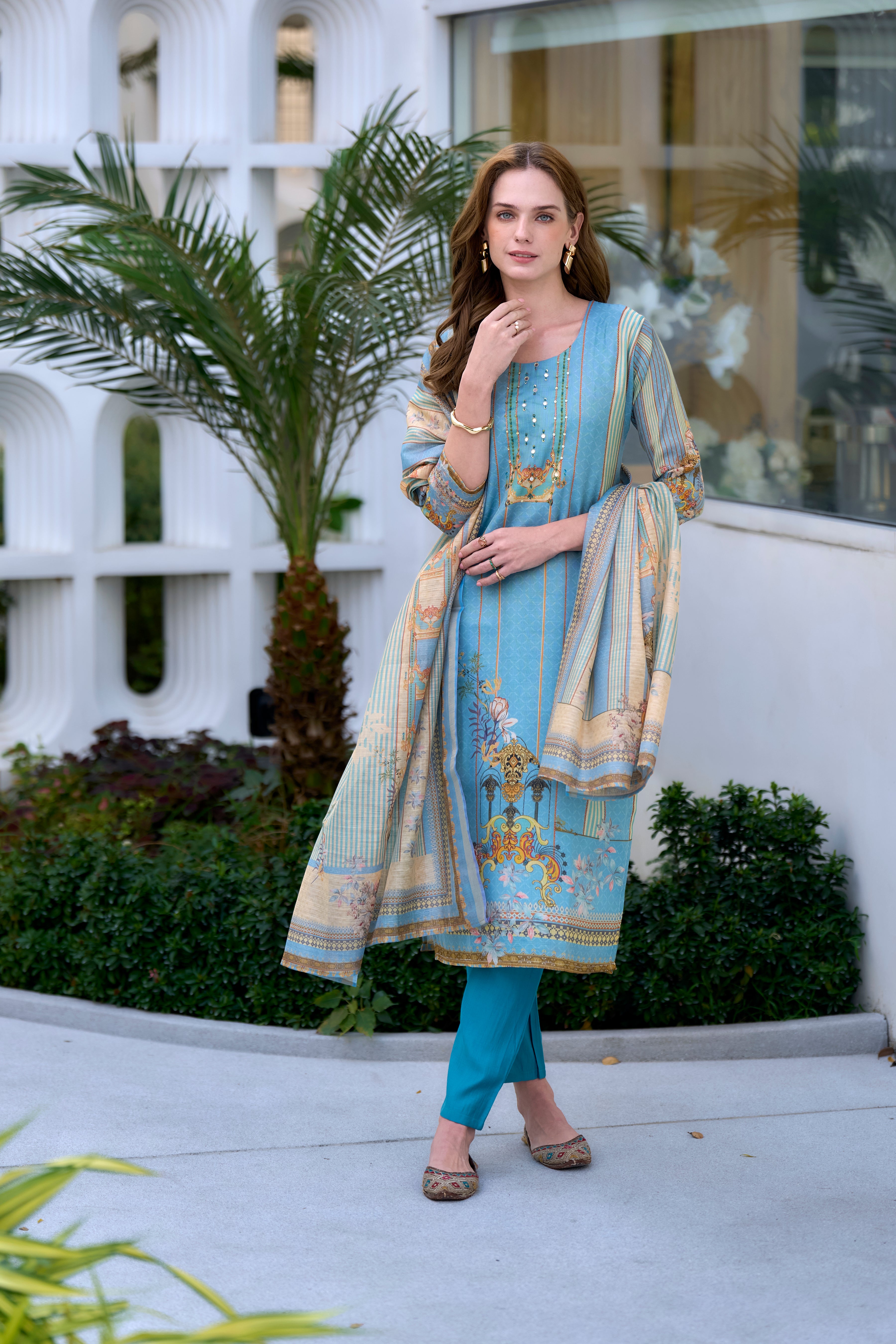 Sky Blue Silk Blend Straight Festive & Party Kurta Set by Her Couture
