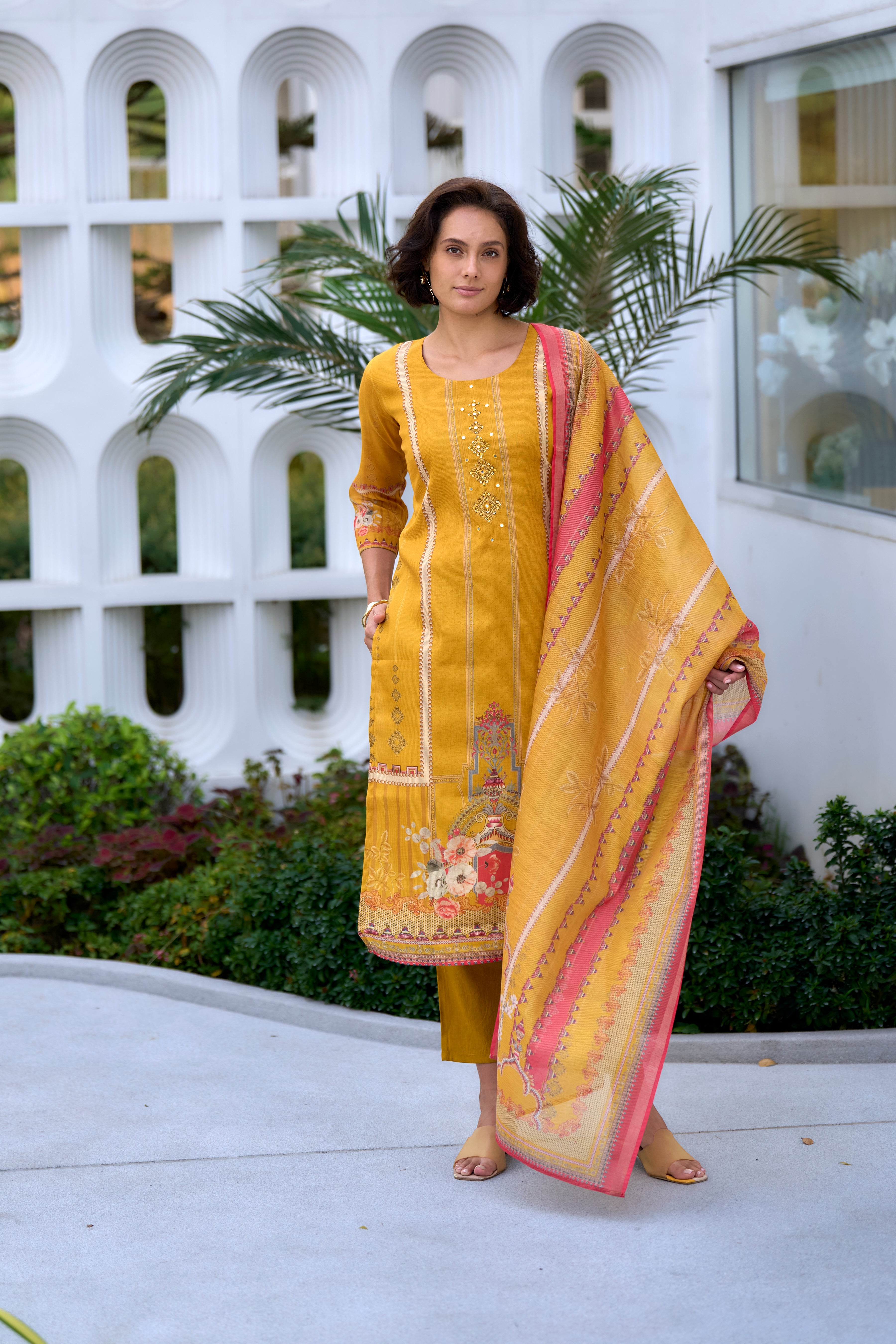 Yellow Silk Blend Straight Festive & Party Kurta Set by Her Couture