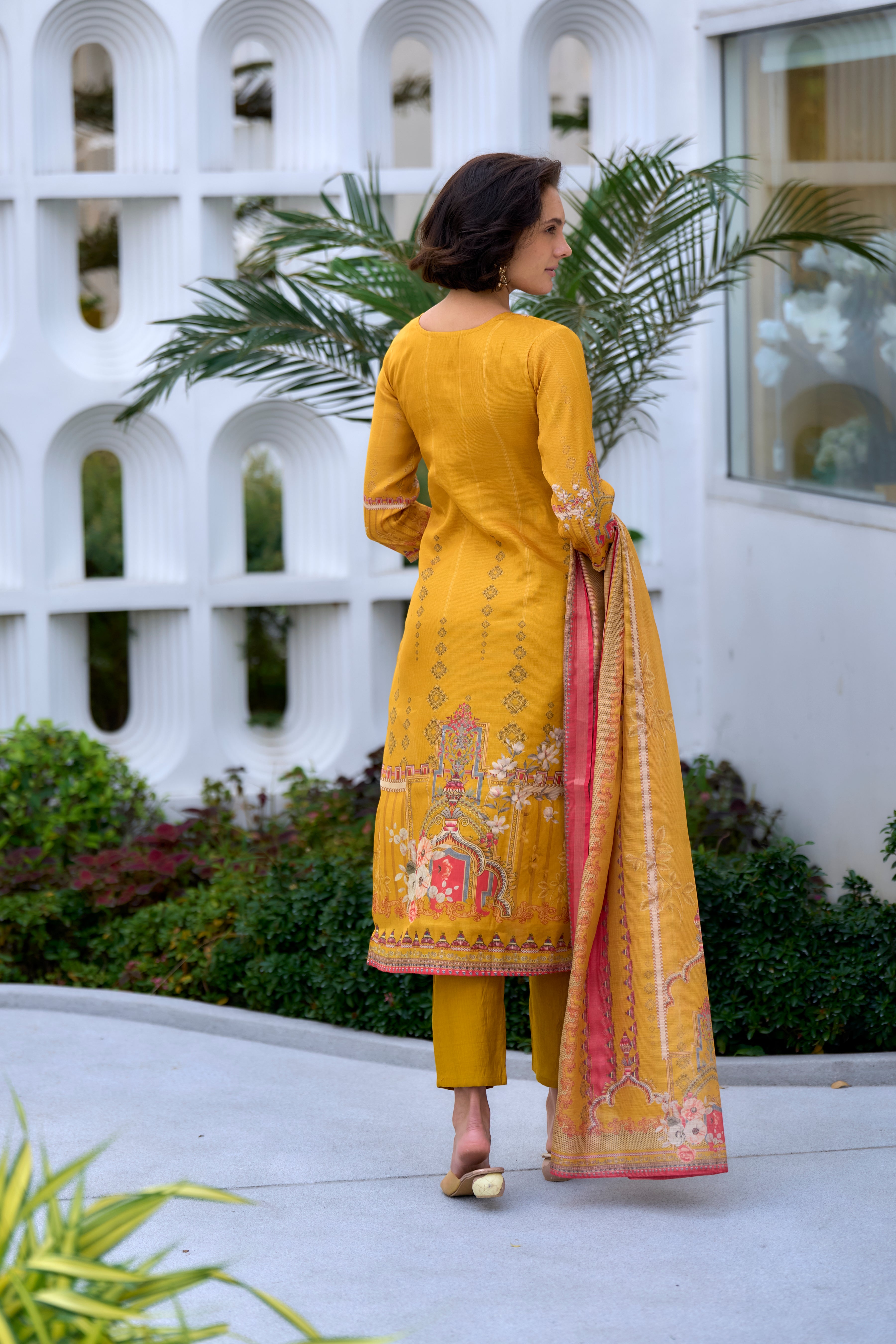 Her Couture Women's Yellow Silk Blend Geometric Straight Kurta With Pant & Printed Dupatta