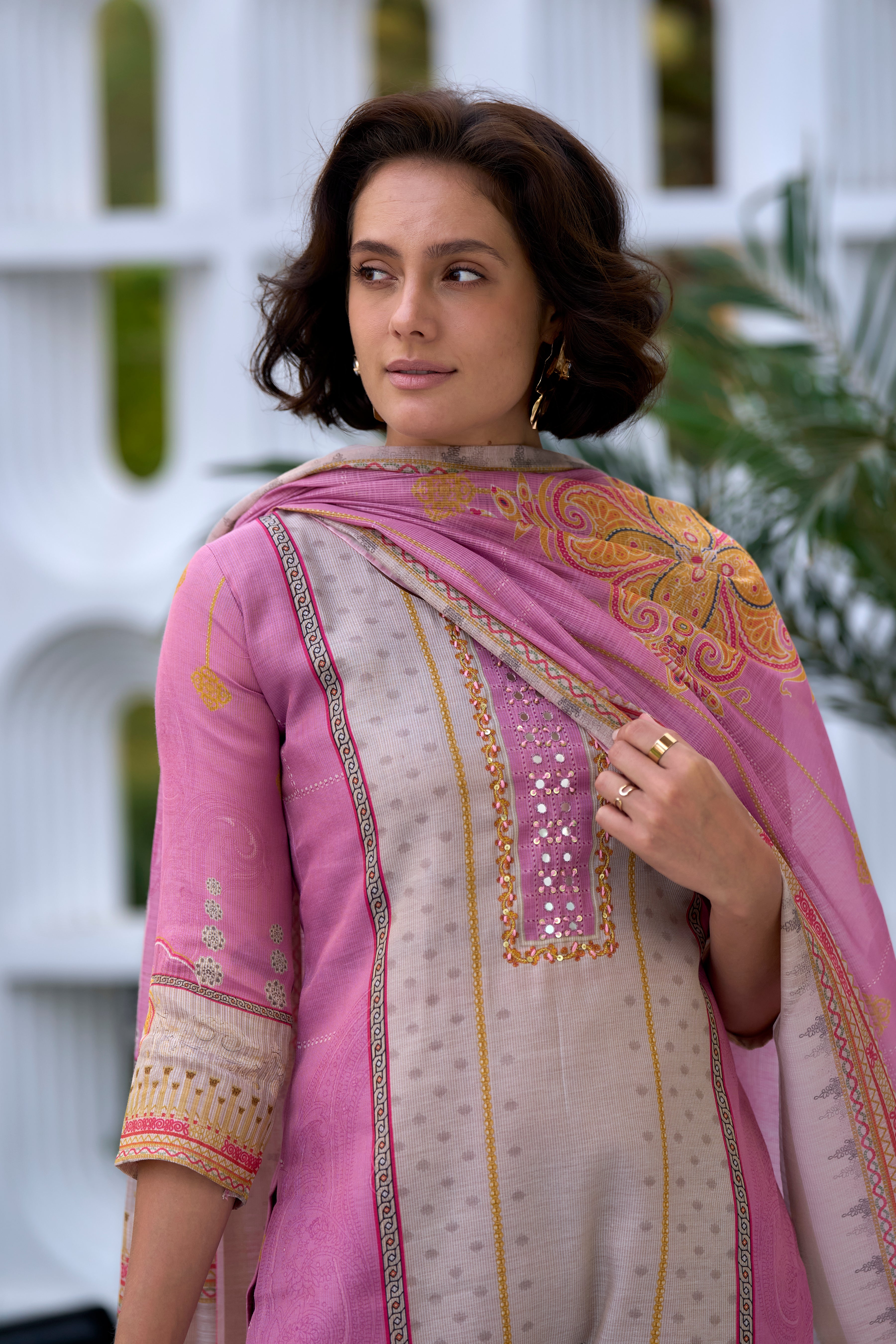 Her Couture Women's Grey Silk Blend Geometric Straight Kurta With Pant & Printed Dupatta