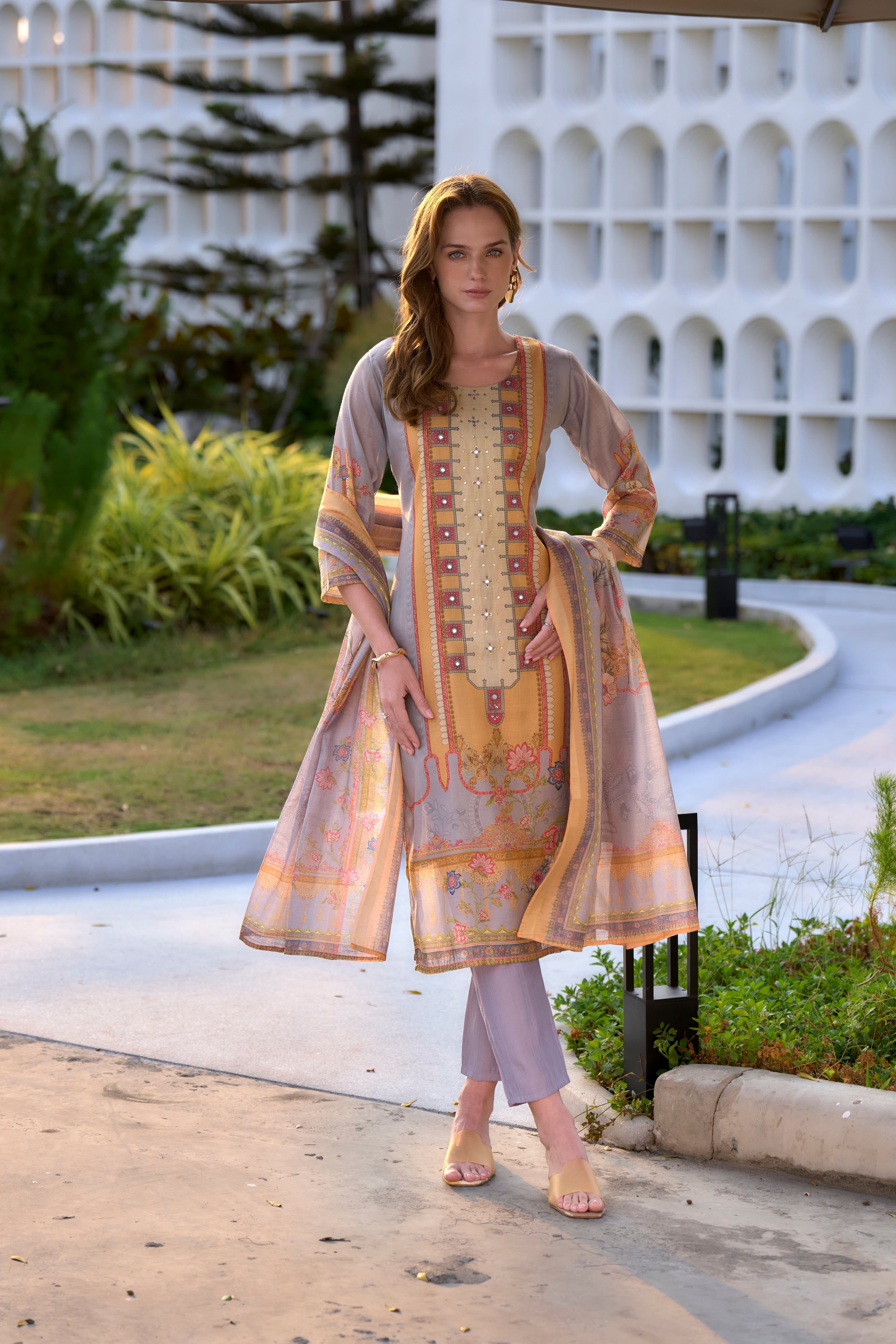 Her Couture Women's Mustard Silk Blend Geometric Straight Kurta With Pant & Printed Dupatta
