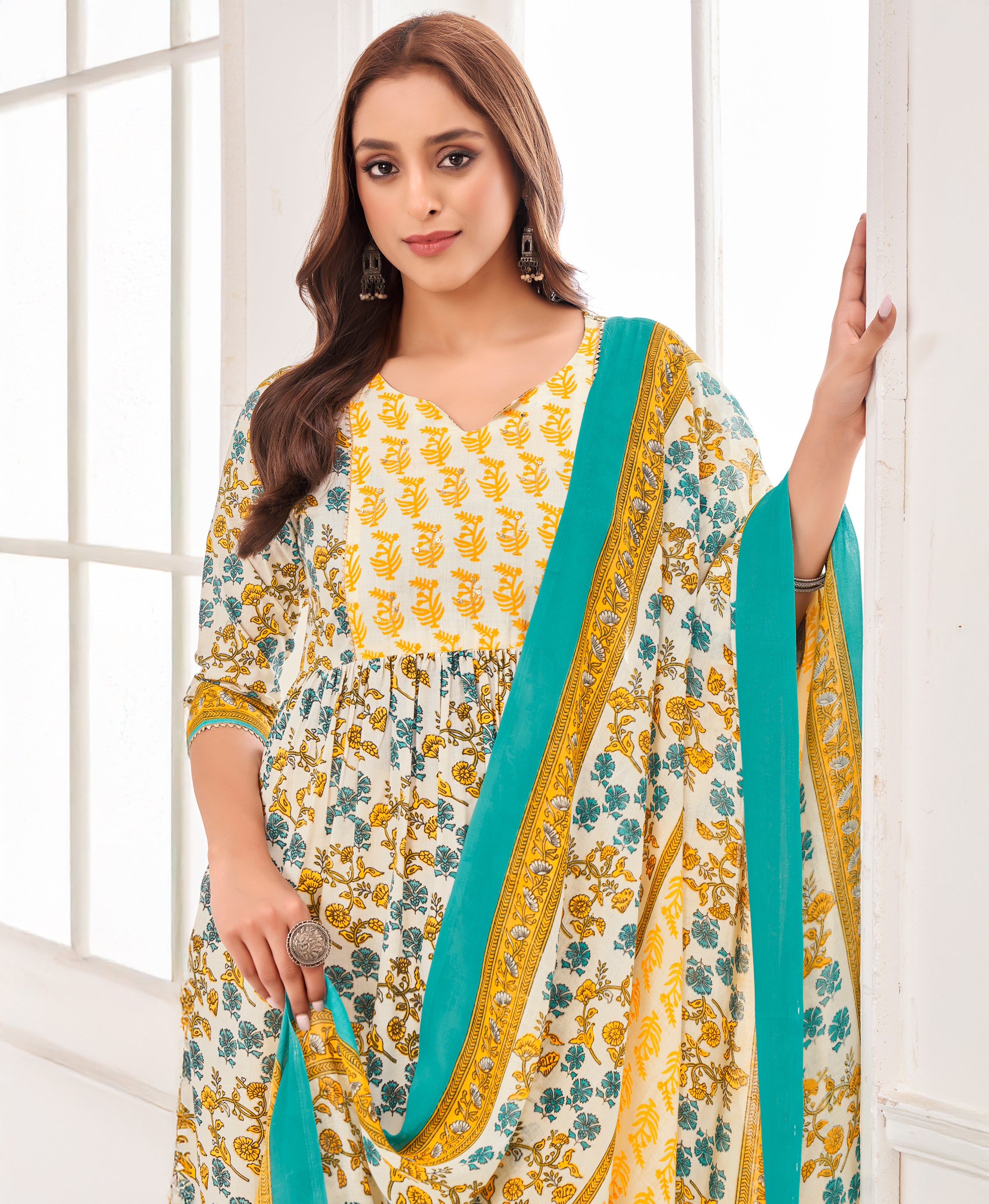 Her Couture Women's Multicolor Pure Cotton Floral & Leaf Flared Kurta With Pant & Printed Dupatta