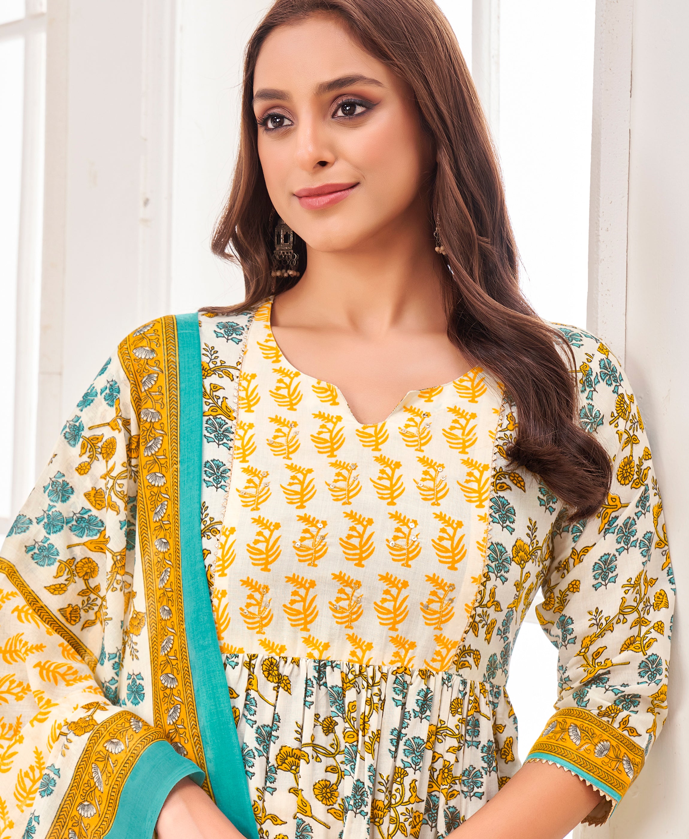 Her Couture Women's Multicolor Pure Cotton Floral & Leaf Flared Kurta With Pant & Printed Dupatta