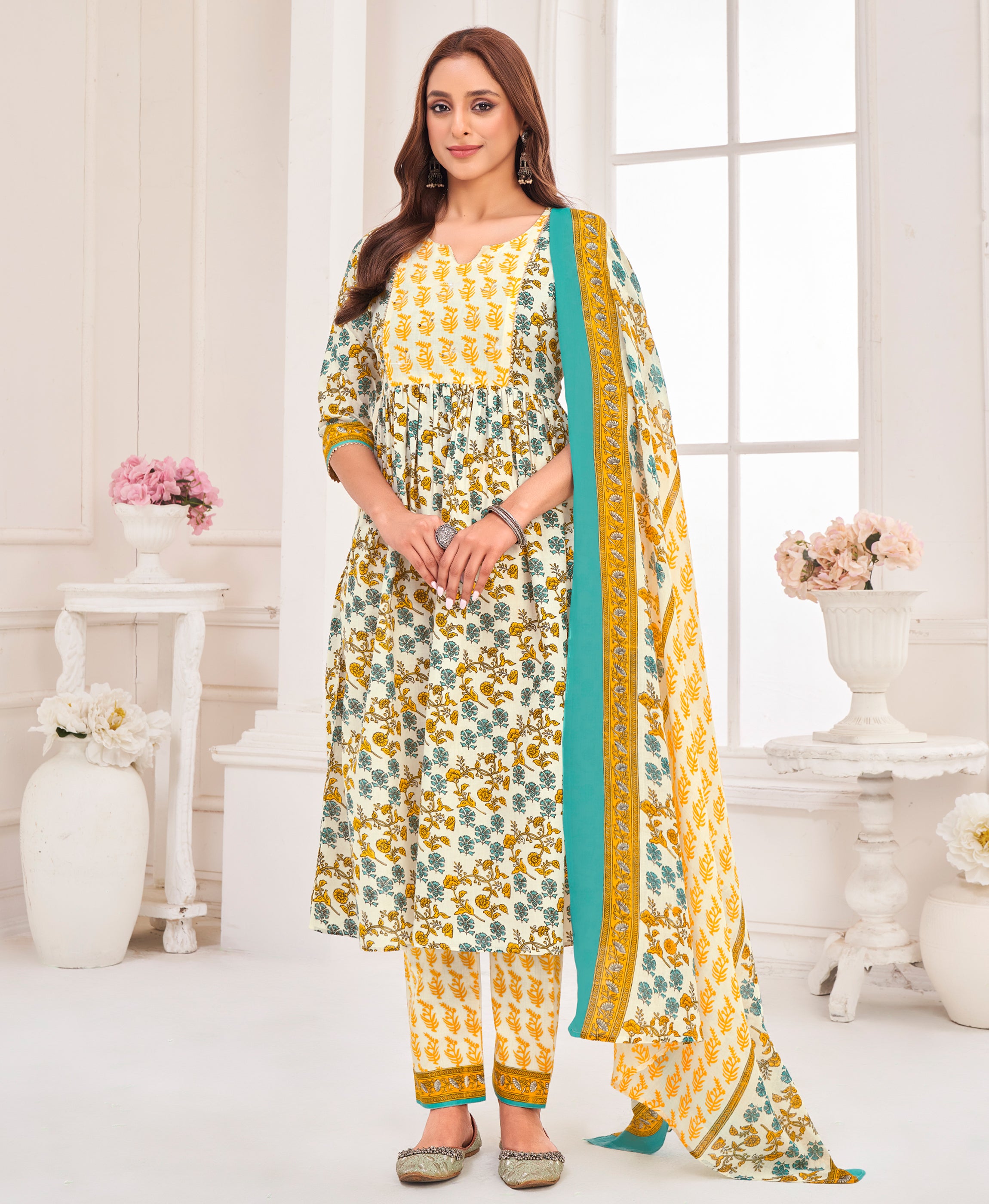 Her Couture Women's Multicolor Pure Cotton Floral & Leaf Flared Kurta With Pant & Printed Dupatta