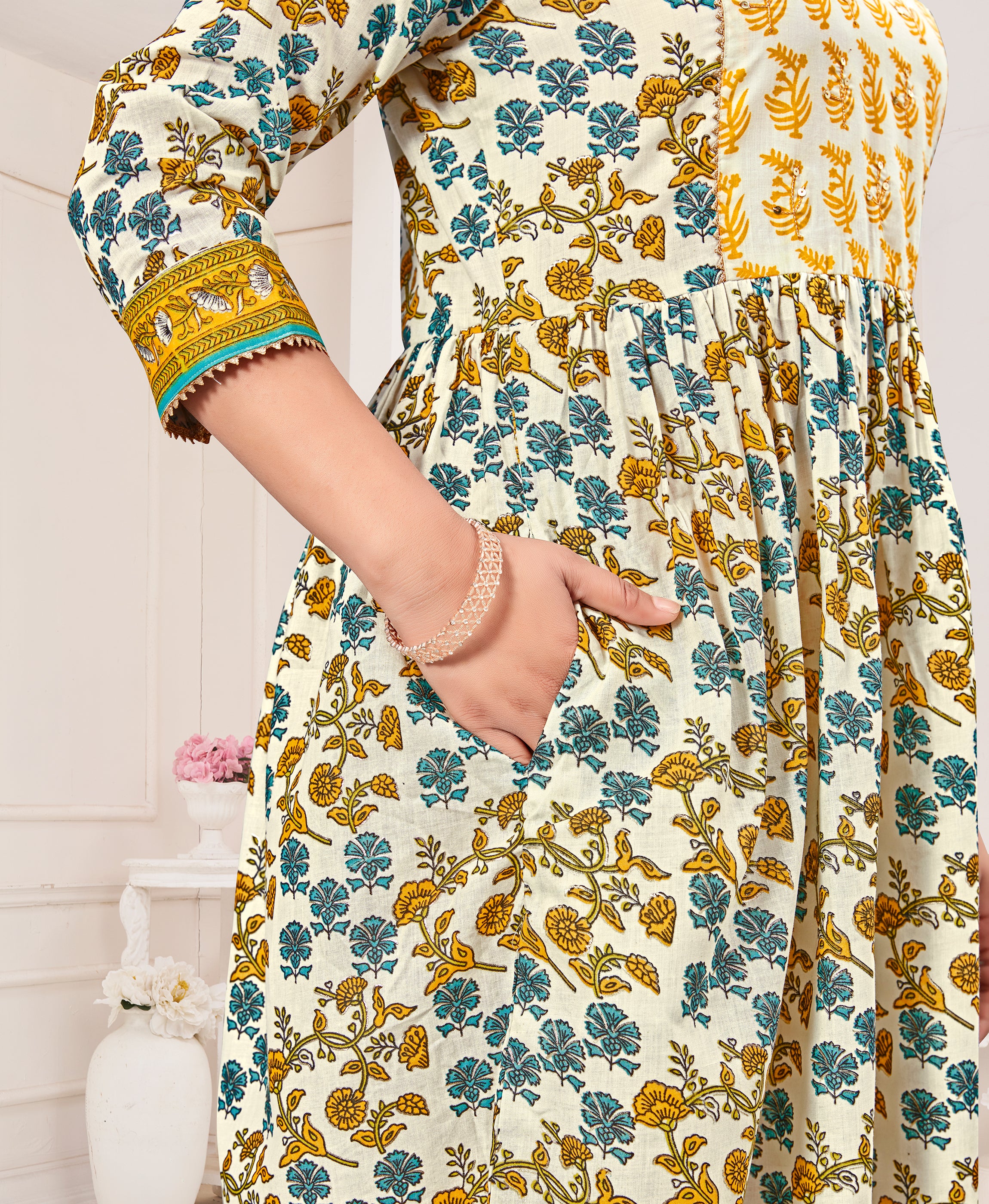 Her Couture Women's Multicolor Pure Cotton Floral & Leaf Flared Kurta With Pant & Printed Dupatta