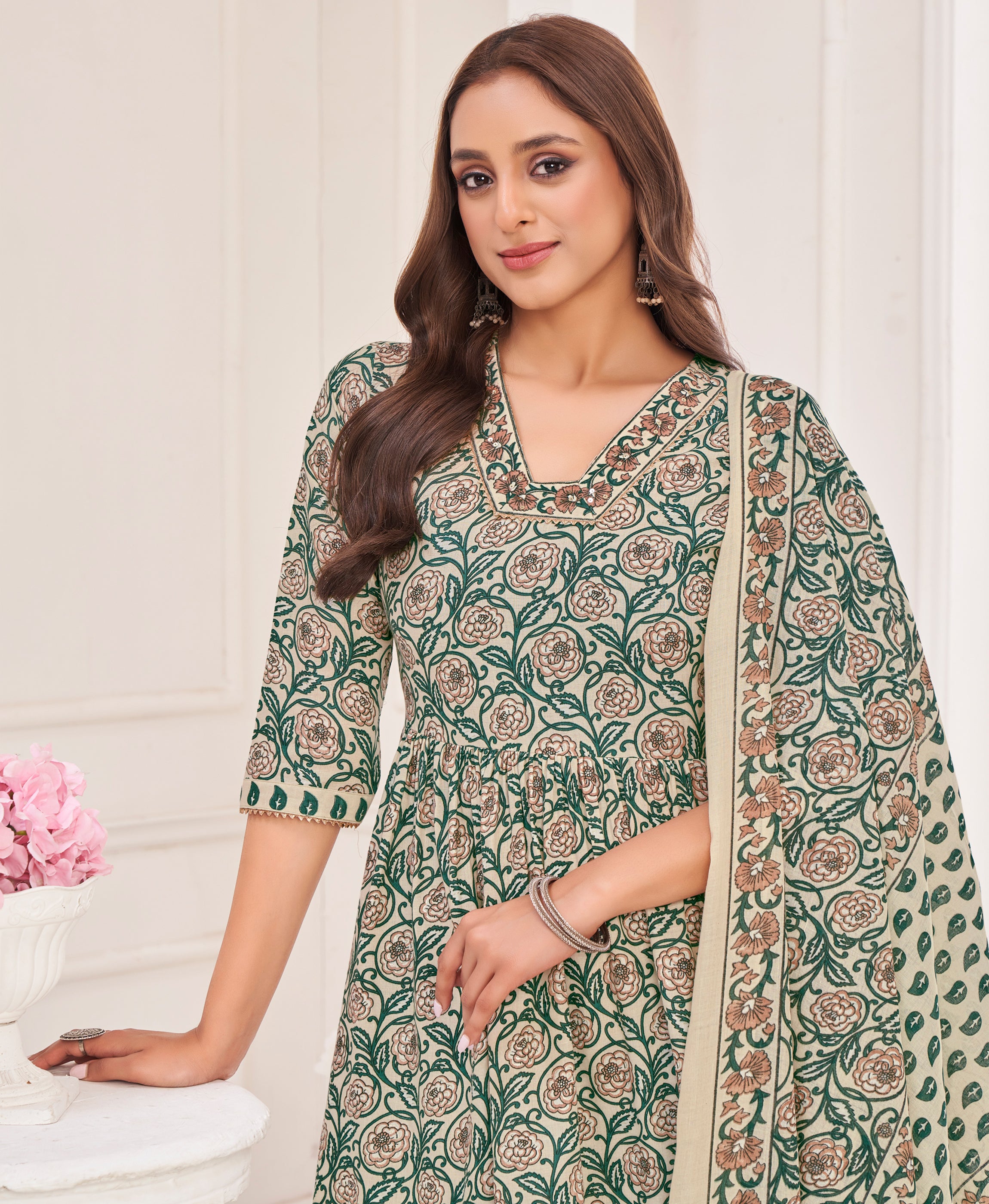 Her Couture Women's Cream Pure Cotton Floral & Leaf Flared Kurta With Pant & Printed Dupatta