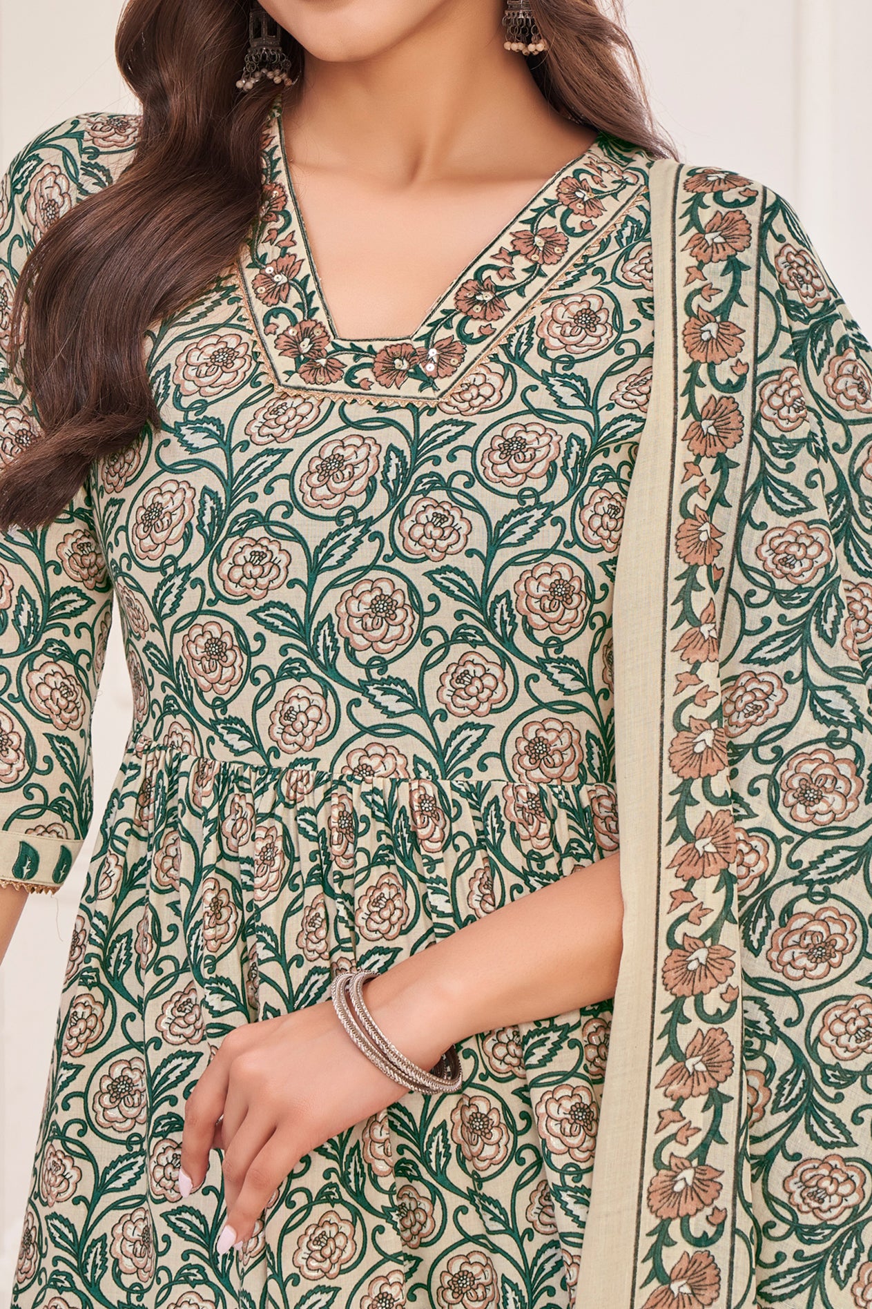 Her Couture Women's Cream Pure Cotton Floral & Leaf Flared Kurta With Pant & Printed Dupatta