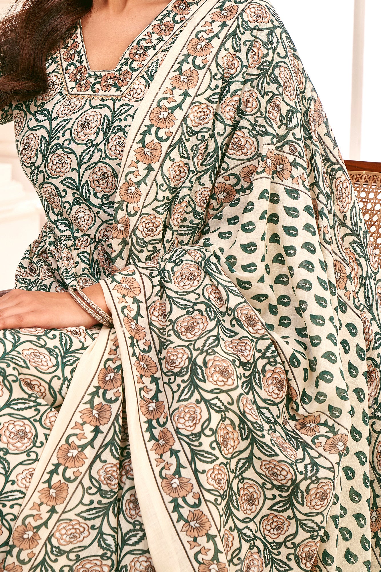 Her Couture Women's Cream Pure Cotton Floral & Leaf Flared Kurta With Pant & Printed Dupatta