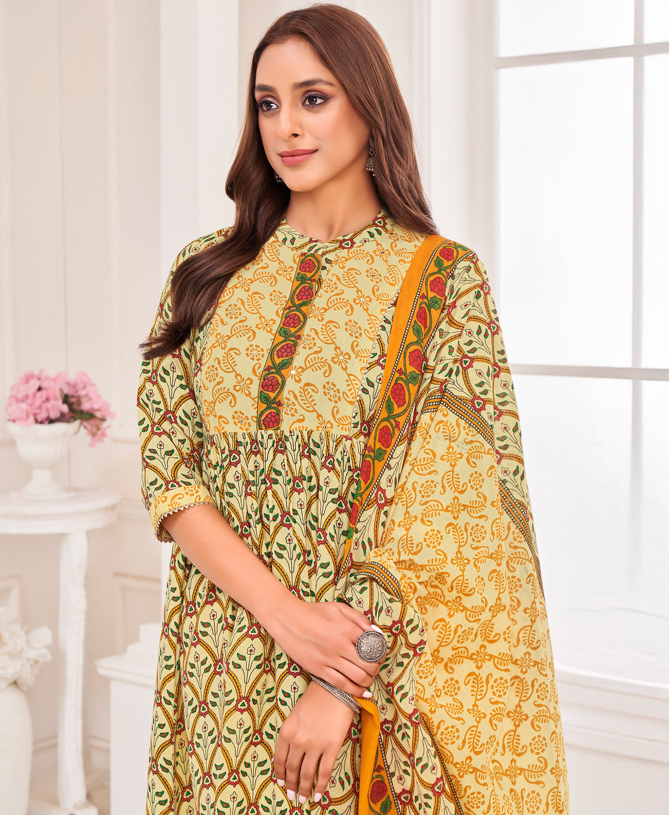 Her Couture Women's Mustard Pure Cotton Floral & Leaf Flared Kurta With Pant & Printed Dupatta