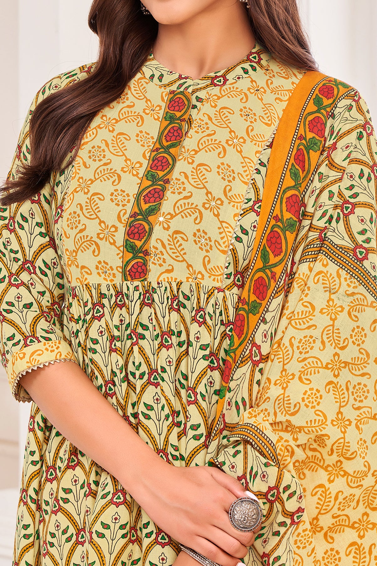 Her Couture Women's Mustard Pure Cotton Floral & Leaf Flared Kurta With Pant & Printed Dupatta
