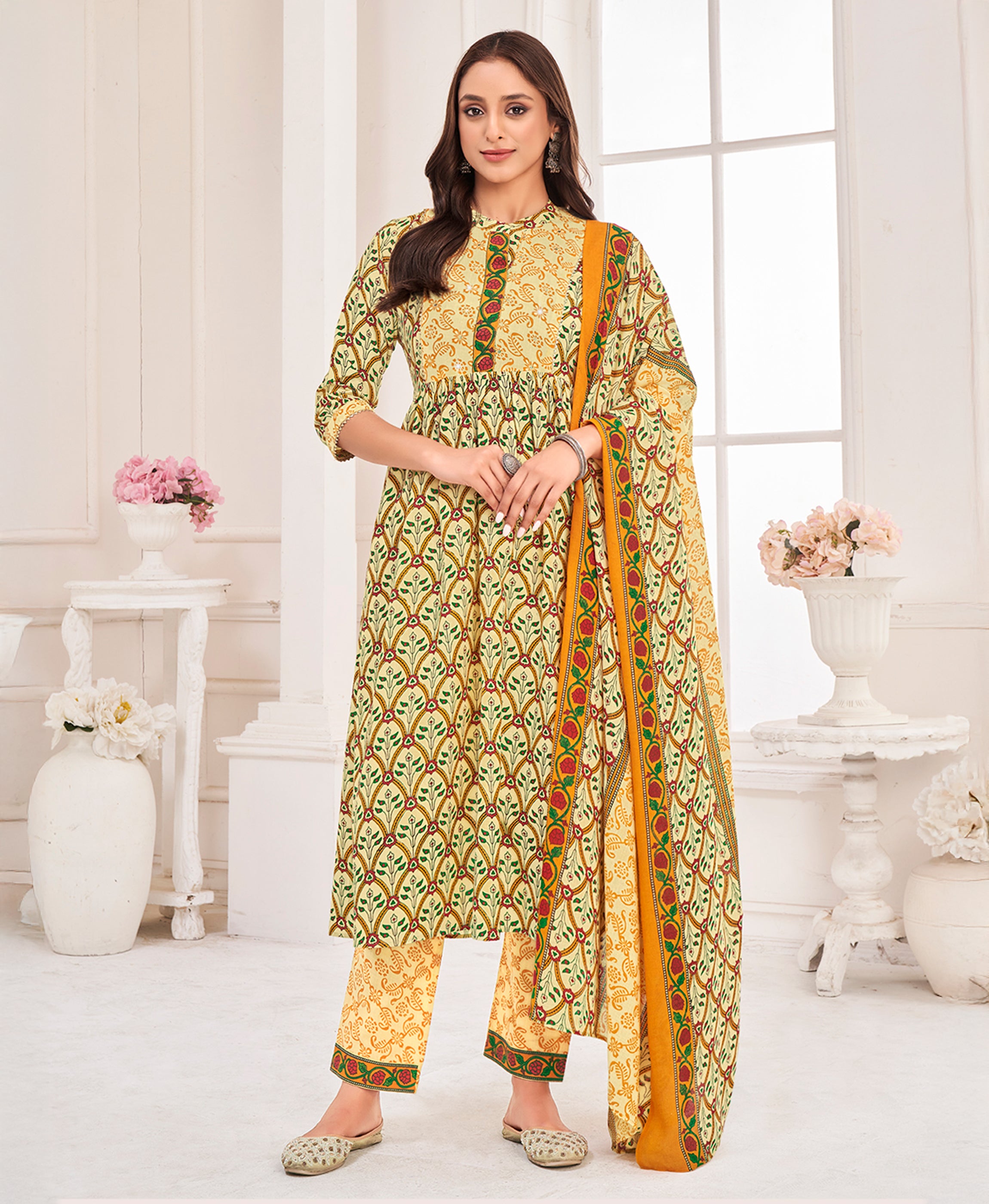 Her Couture Women's Mustard Pure Cotton Floral & Leaf Flared Kurta With Pant & Printed Dupatta