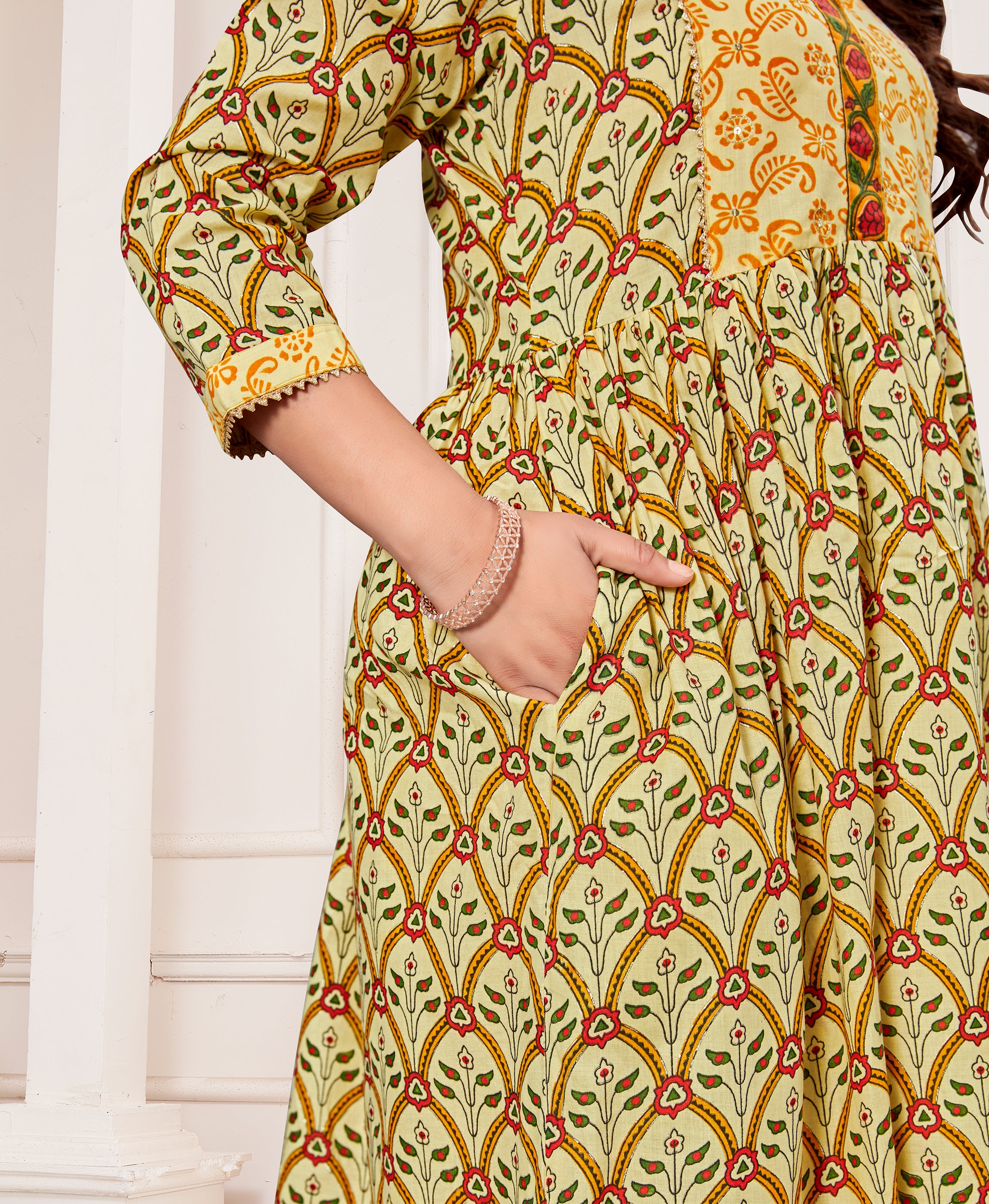 Her Couture Women's Mustard Pure Cotton Floral & Leaf Flared Kurta With Pant & Printed Dupatta