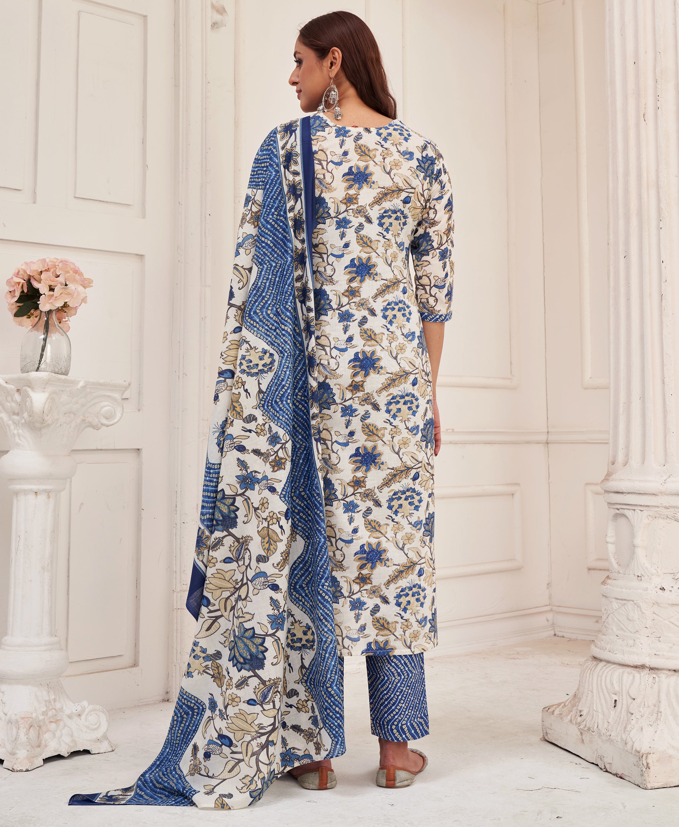 Her Couture Women's White Pure Cotton Floral & Leaf Flared Kurta With Pant & Printed Dupatta