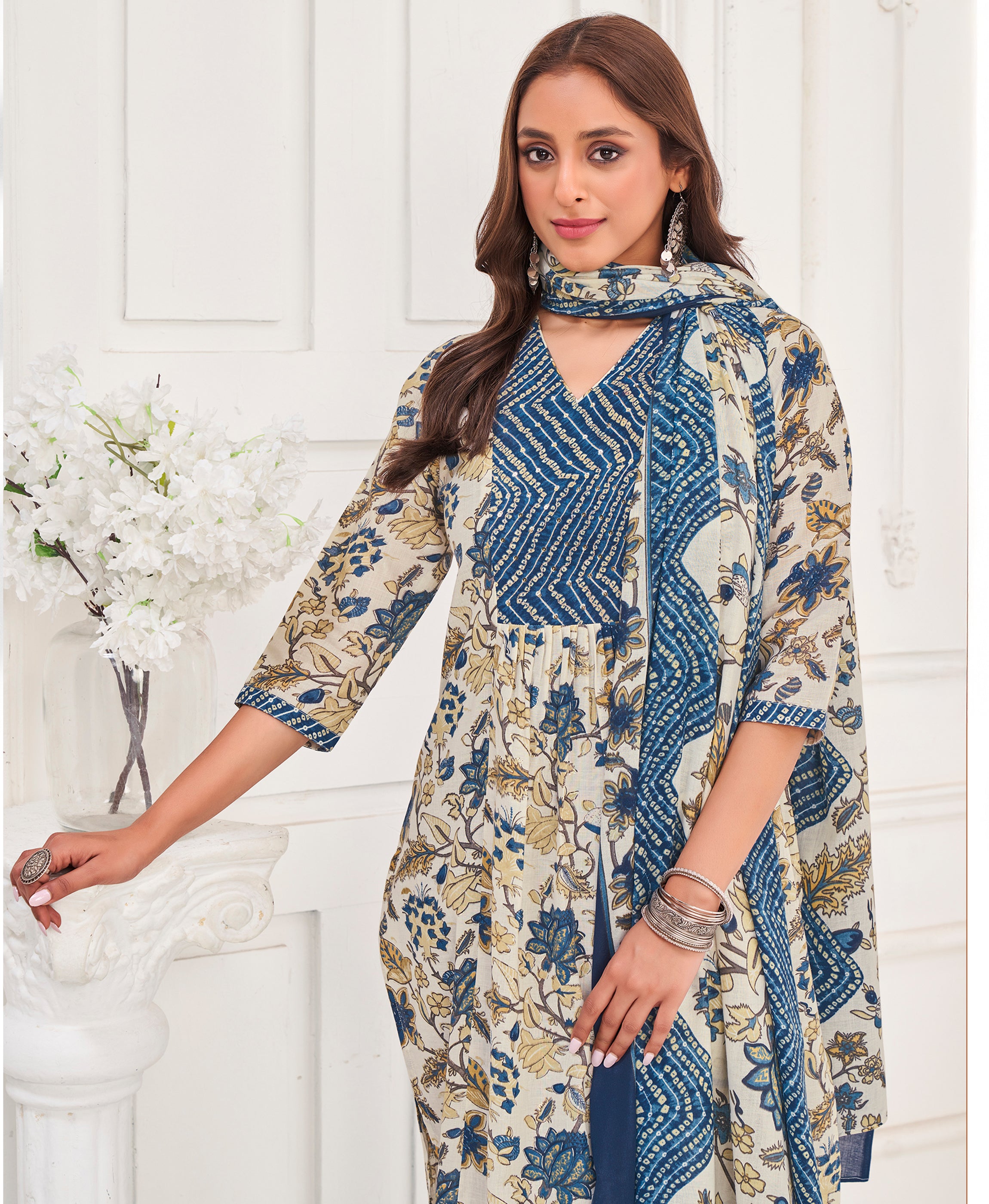 Her Couture Women's White Pure Cotton Floral & Leaf Flared Kurta With Pant & Printed Dupatta