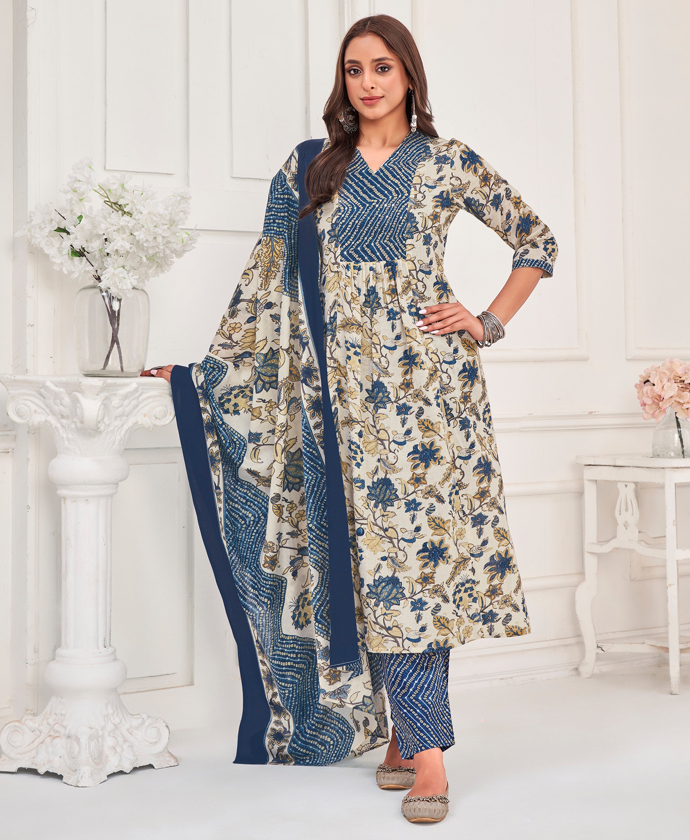 Her Couture Women's White Pure Cotton Floral & Leaf Flared Kurta With Pant & Printed Dupatta