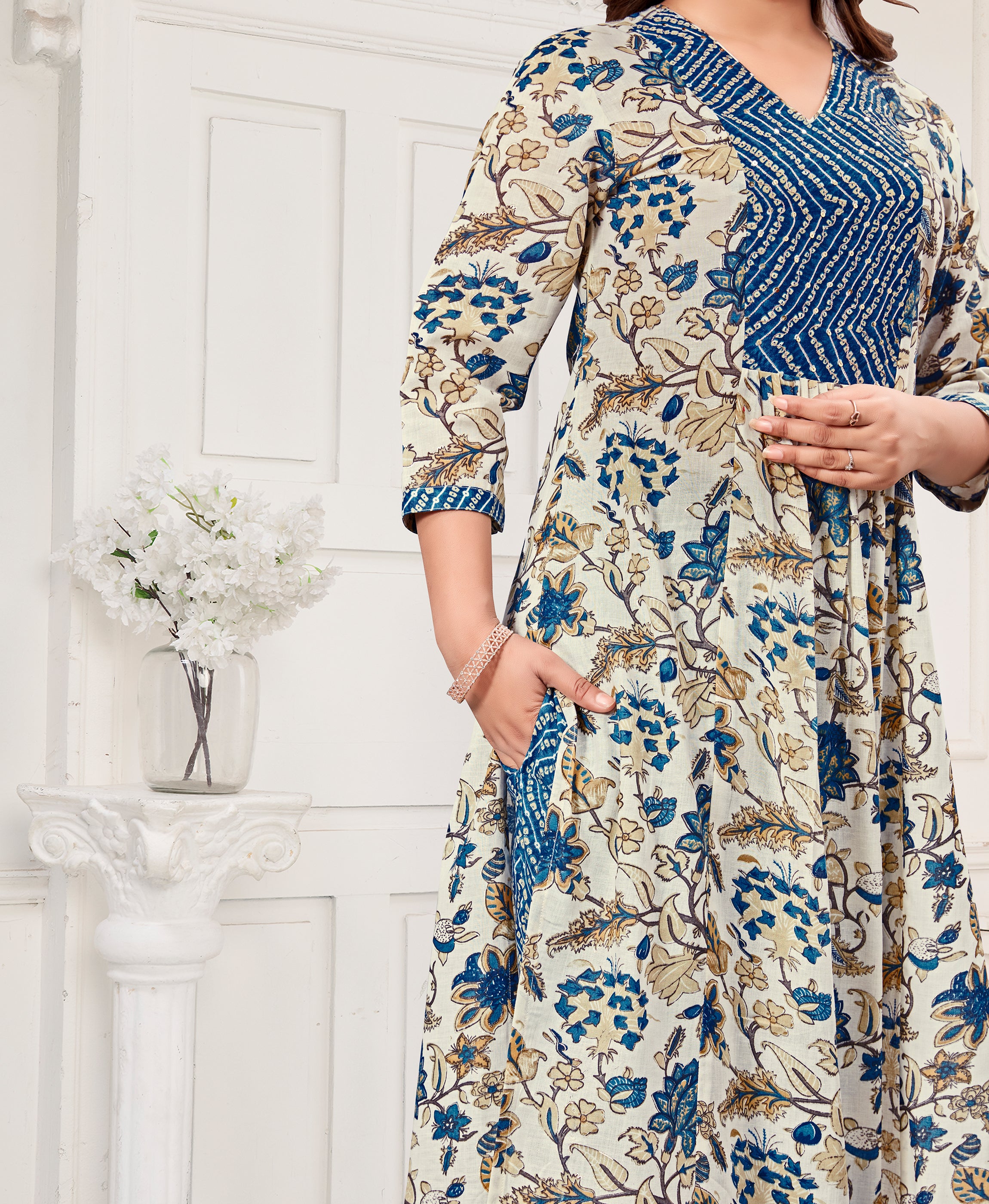 Her Couture Women's White Pure Cotton Floral & Leaf Flared Kurta With Pant & Printed Dupatta