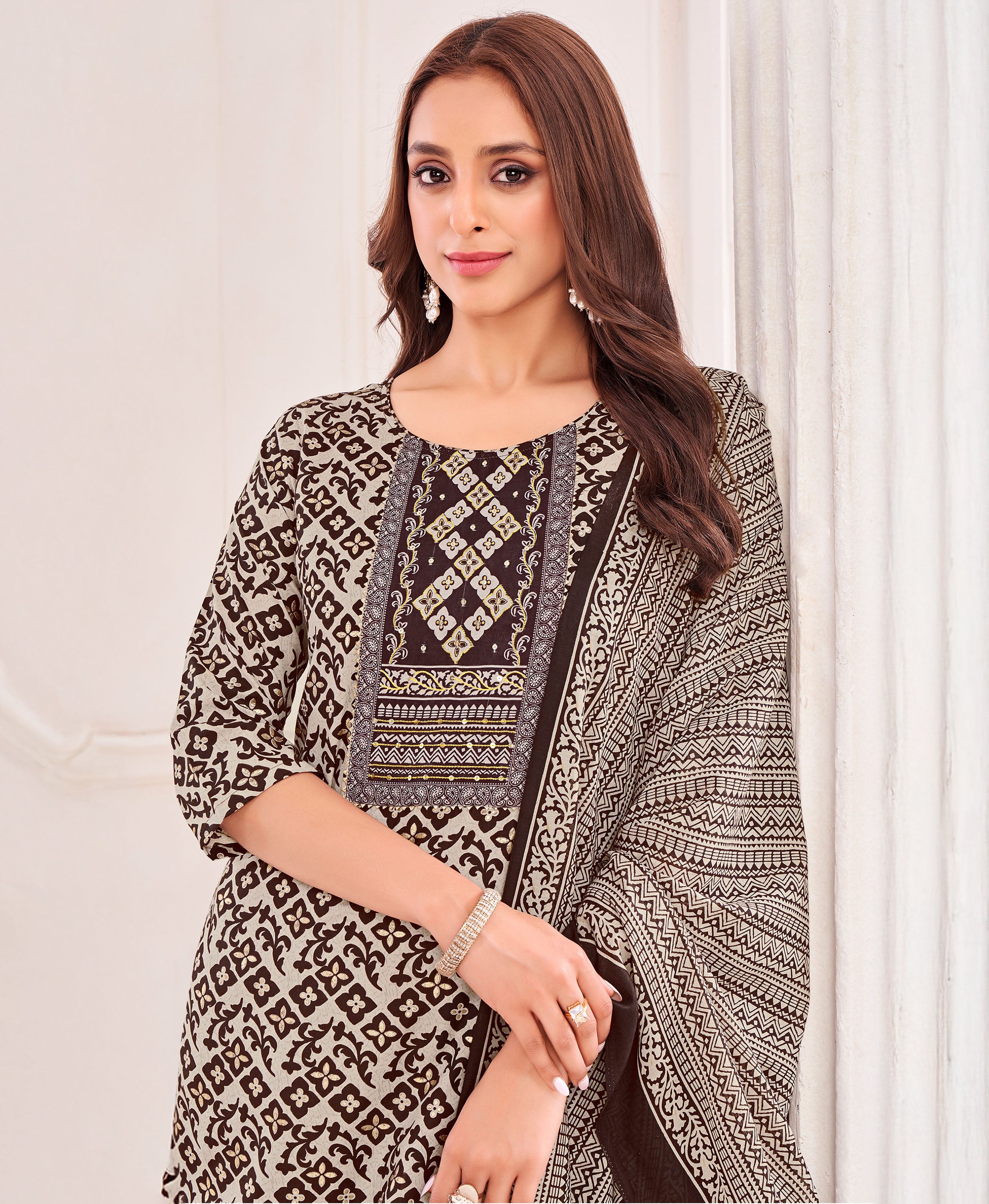 Her Couture Women's Cream Pure Cotton Geometric Straight Kurta With Afghani Salwar & Printed Dupatta