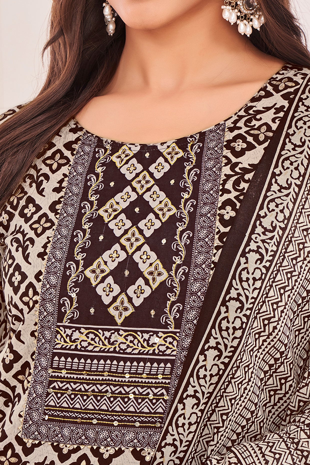 Her Couture Women's Cream Pure Cotton Geometric Straight Kurta With Afghani Salwar & Printed Dupatta