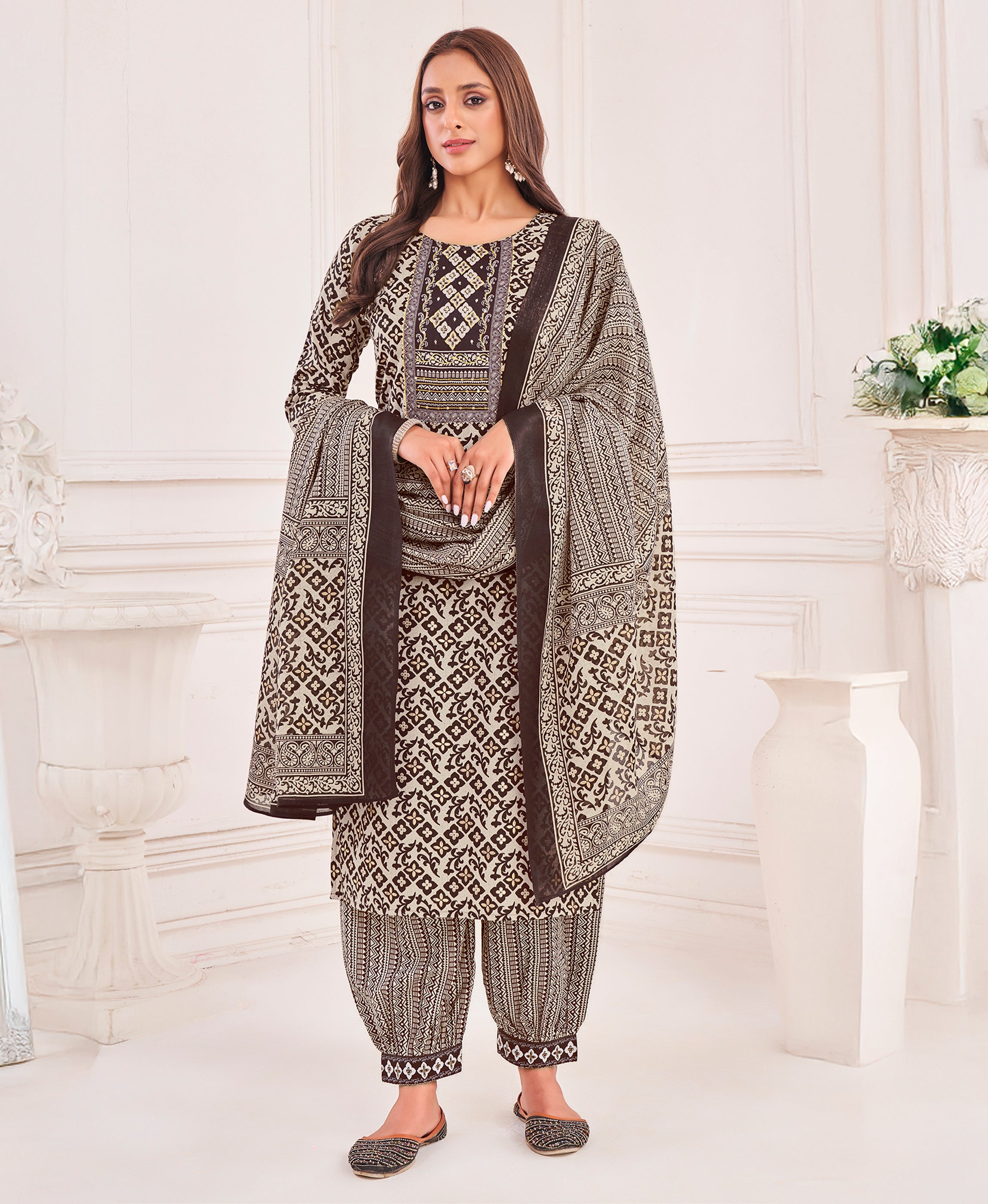 Her Couture Women's Cream Pure Cotton Geometric Straight Kurta With Afghani Salwar & Printed Dupatta