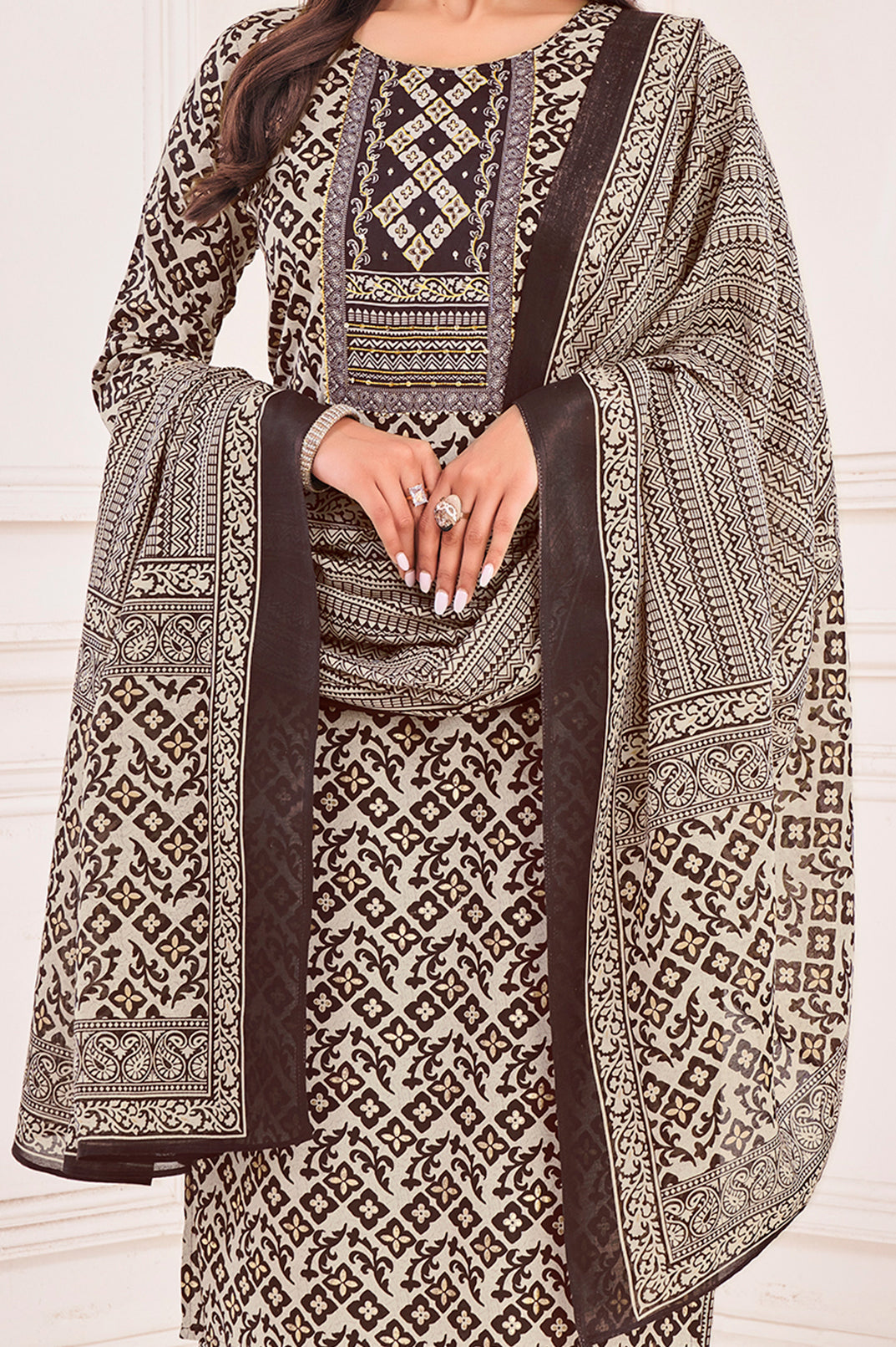 Her Couture Women's Cream Pure Cotton Geometric Straight Kurta With Afghani Salwar & Printed Dupatta