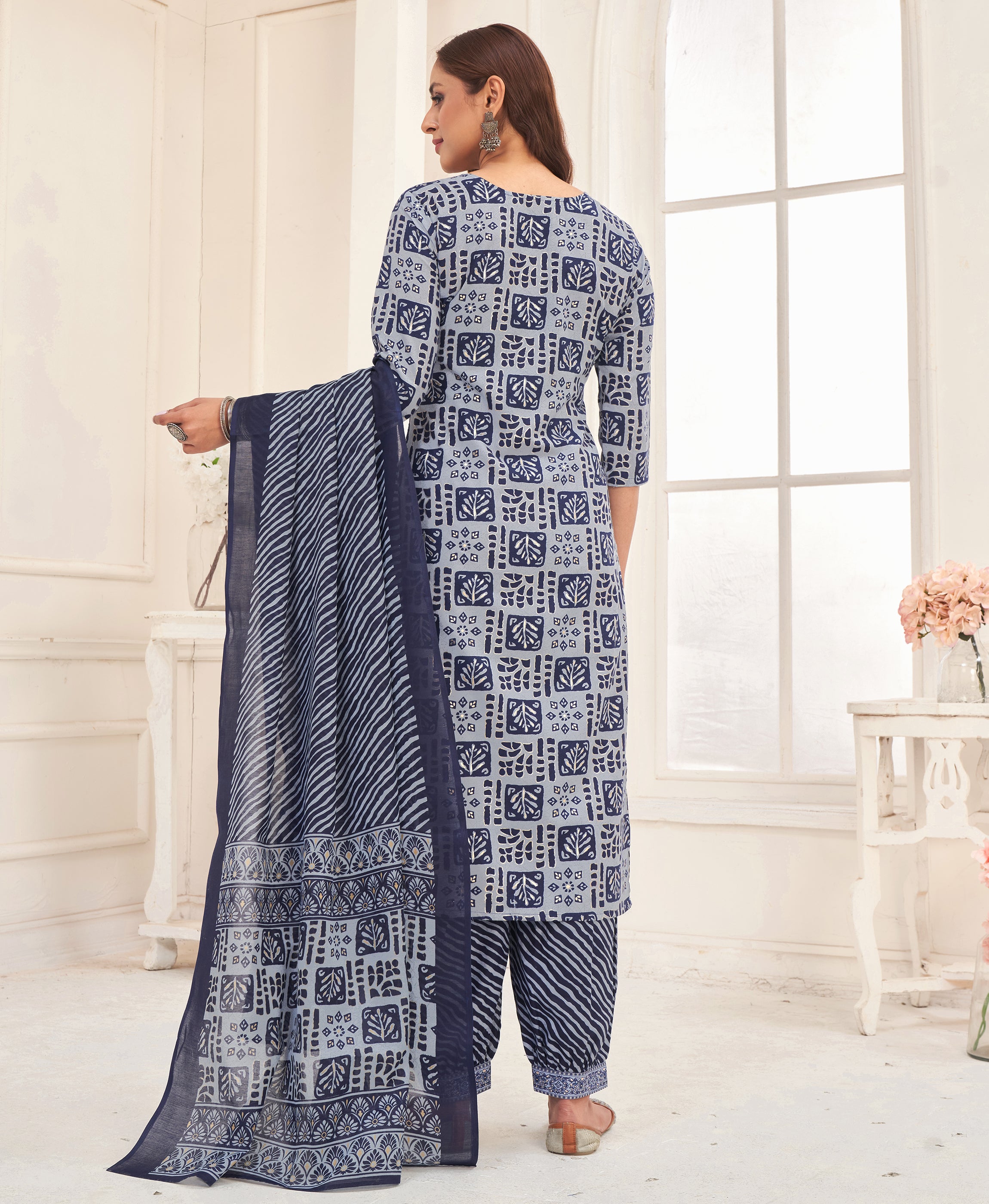 Her Couture Women's Powder Blue Pure Cotton Geometric Straight Kurta With Afghani Salwar & Printed Dupatta
