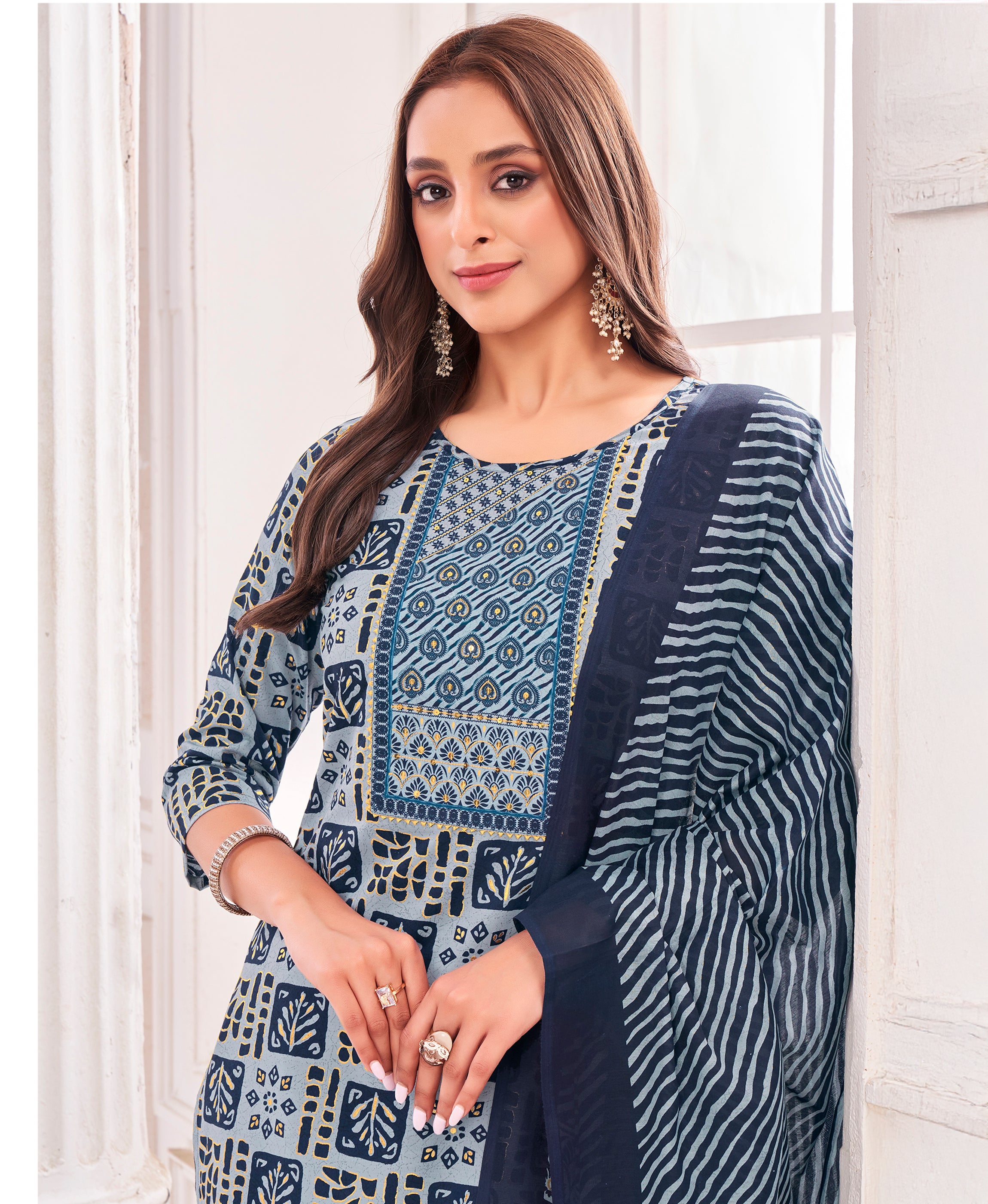 Her Couture Women's Powder Blue Pure Cotton Geometric Straight Kurta With Afghani Salwar & Printed Dupatta