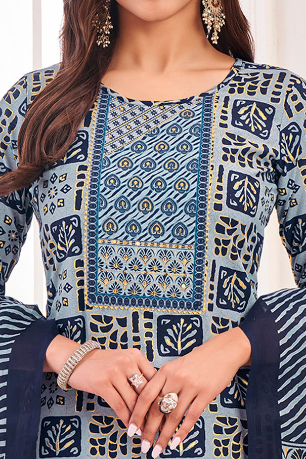 Her Couture Women's Powder Blue Pure Cotton Geometric Straight Kurta With Afghani Salwar & Printed Dupatta